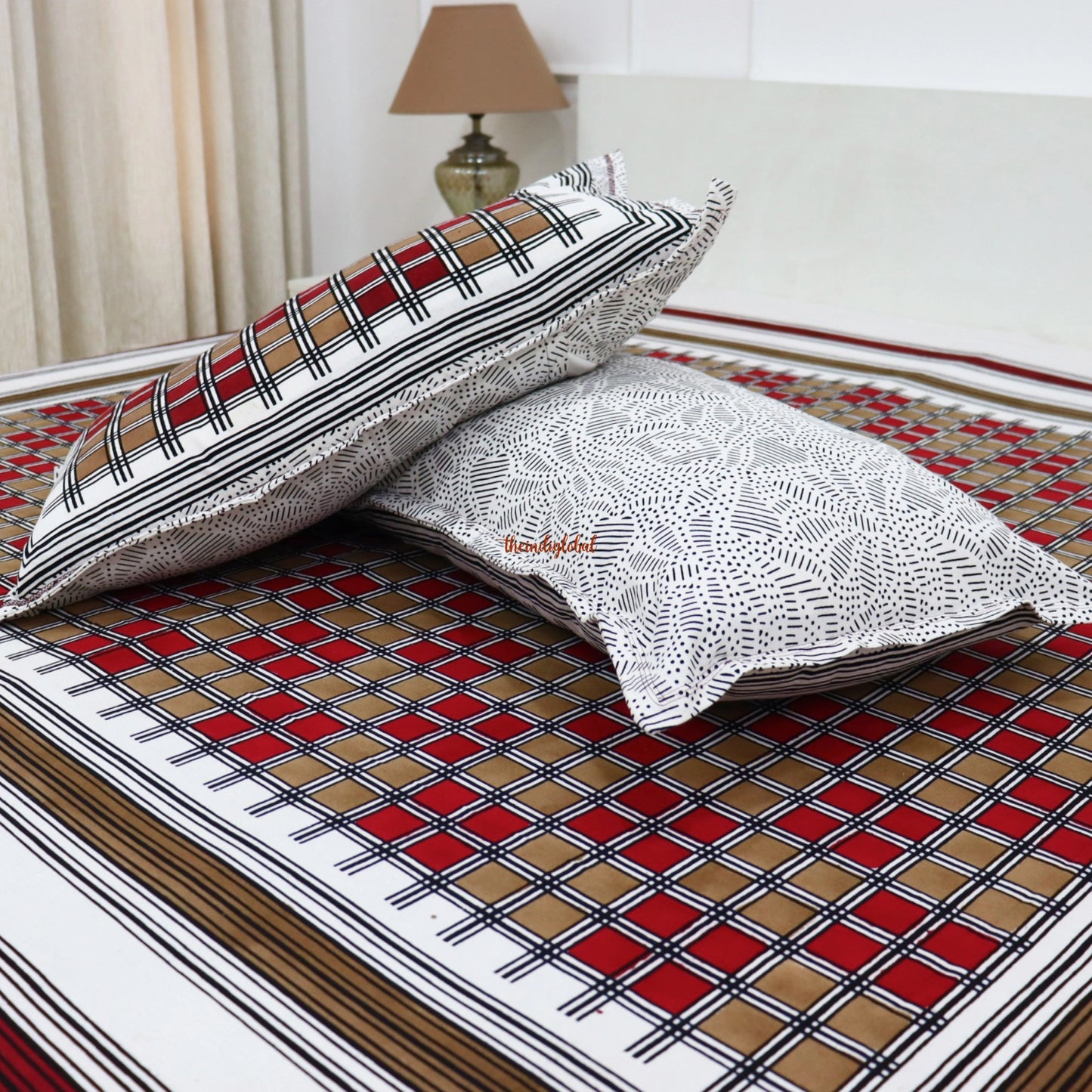 Hand Block Cotton Bedsheet with 2 Pillow Covers Double Bed size Red Brown
