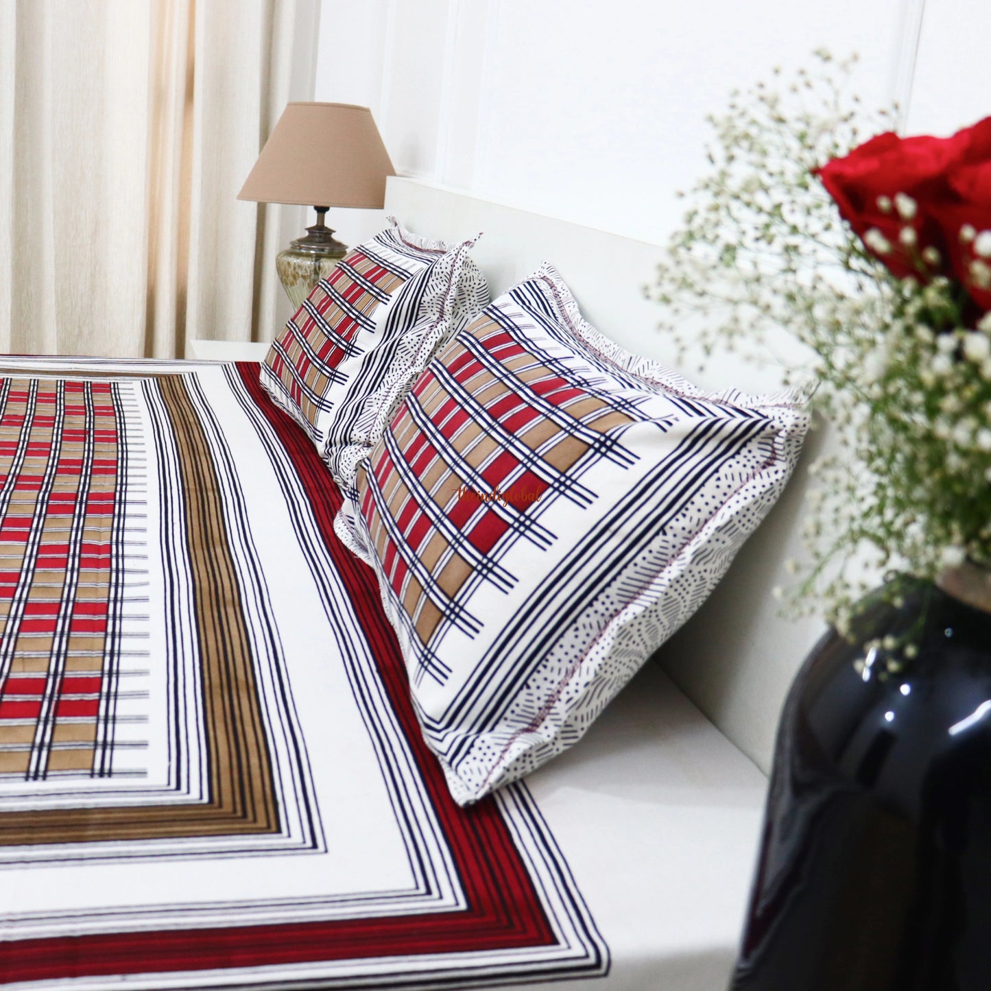 Hand Block Cotton Bedsheet with 2 Pillow Covers Double Bed size Red Brown