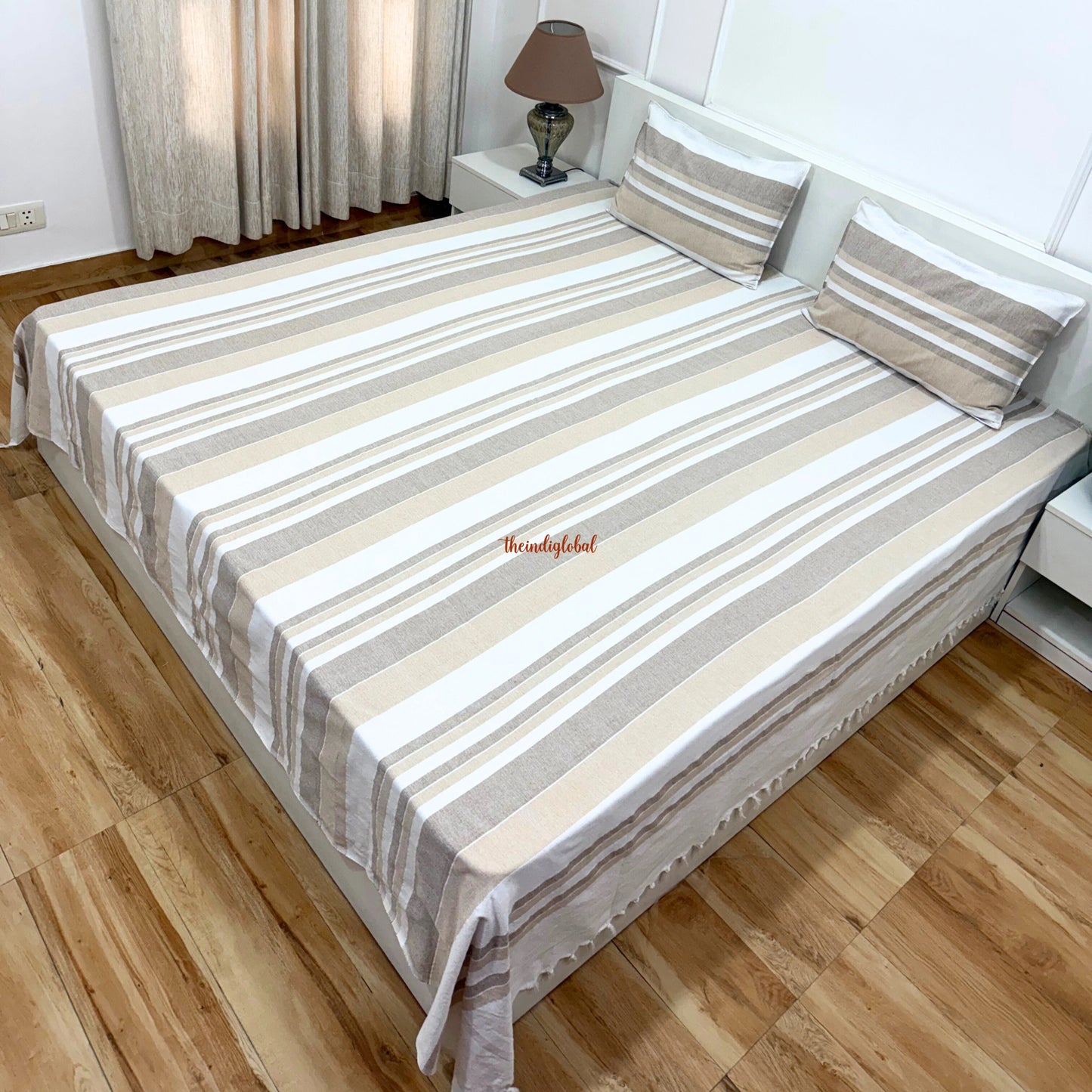 Handloom Cotton Bedsheet with Pillow Covers Beige