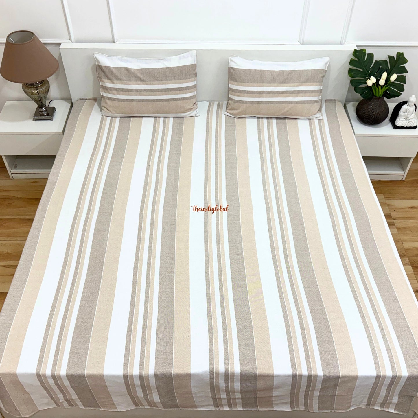 Handloom Cotton Bedsheet with Pillow Covers Beige