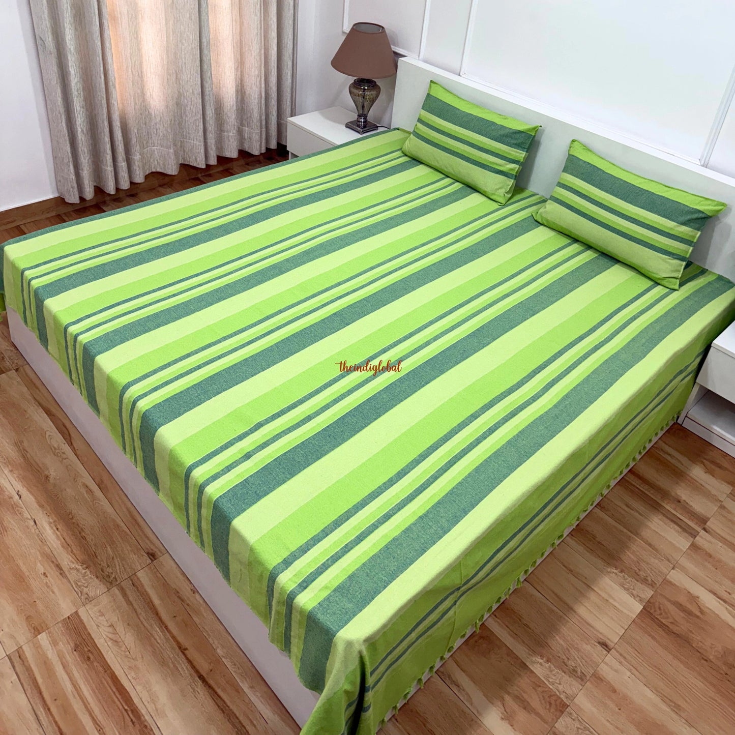 Handloom Cotton Bedsheet with Pillow Covers Mint Green