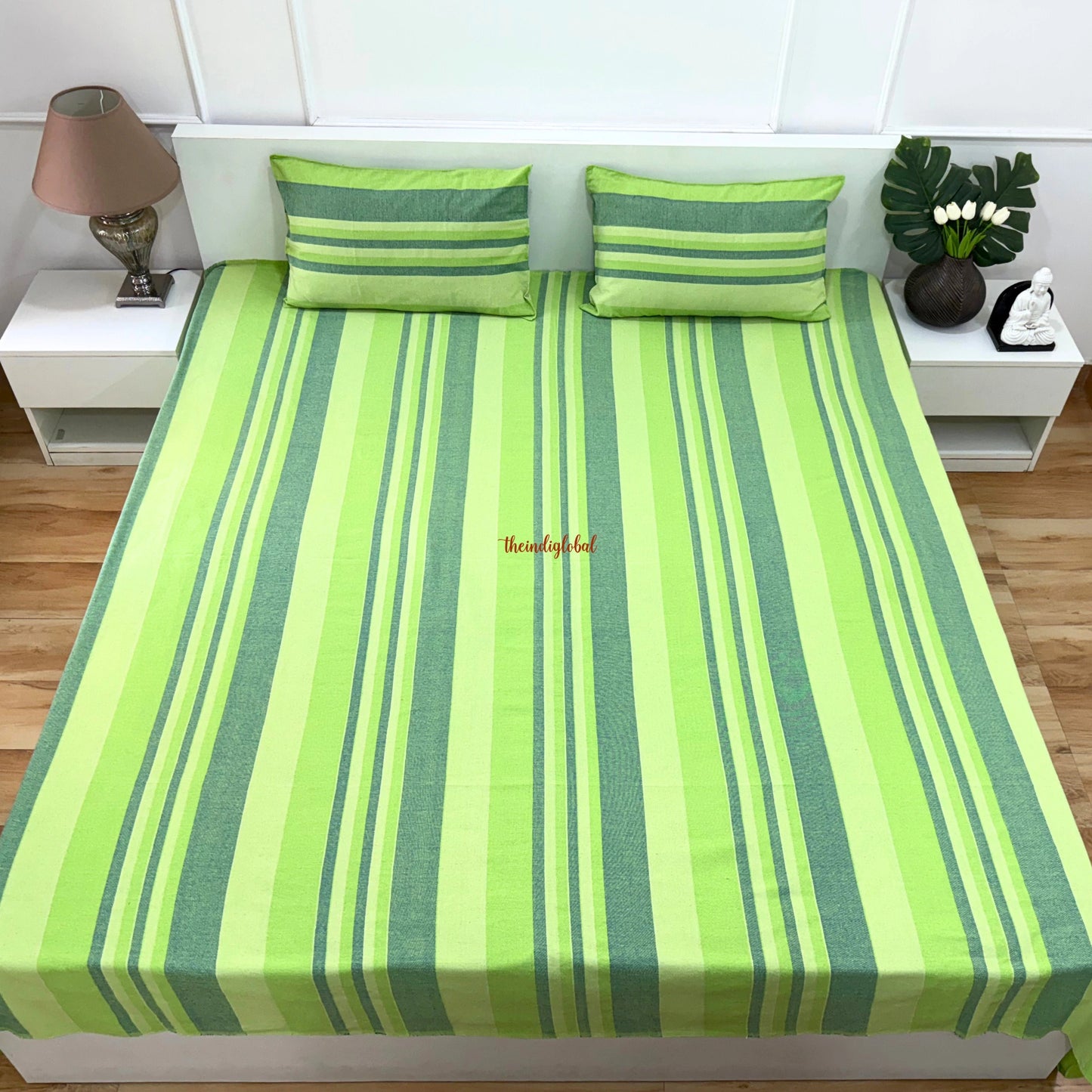 Handloom Cotton Bedsheet with Pillow Covers Mint Green