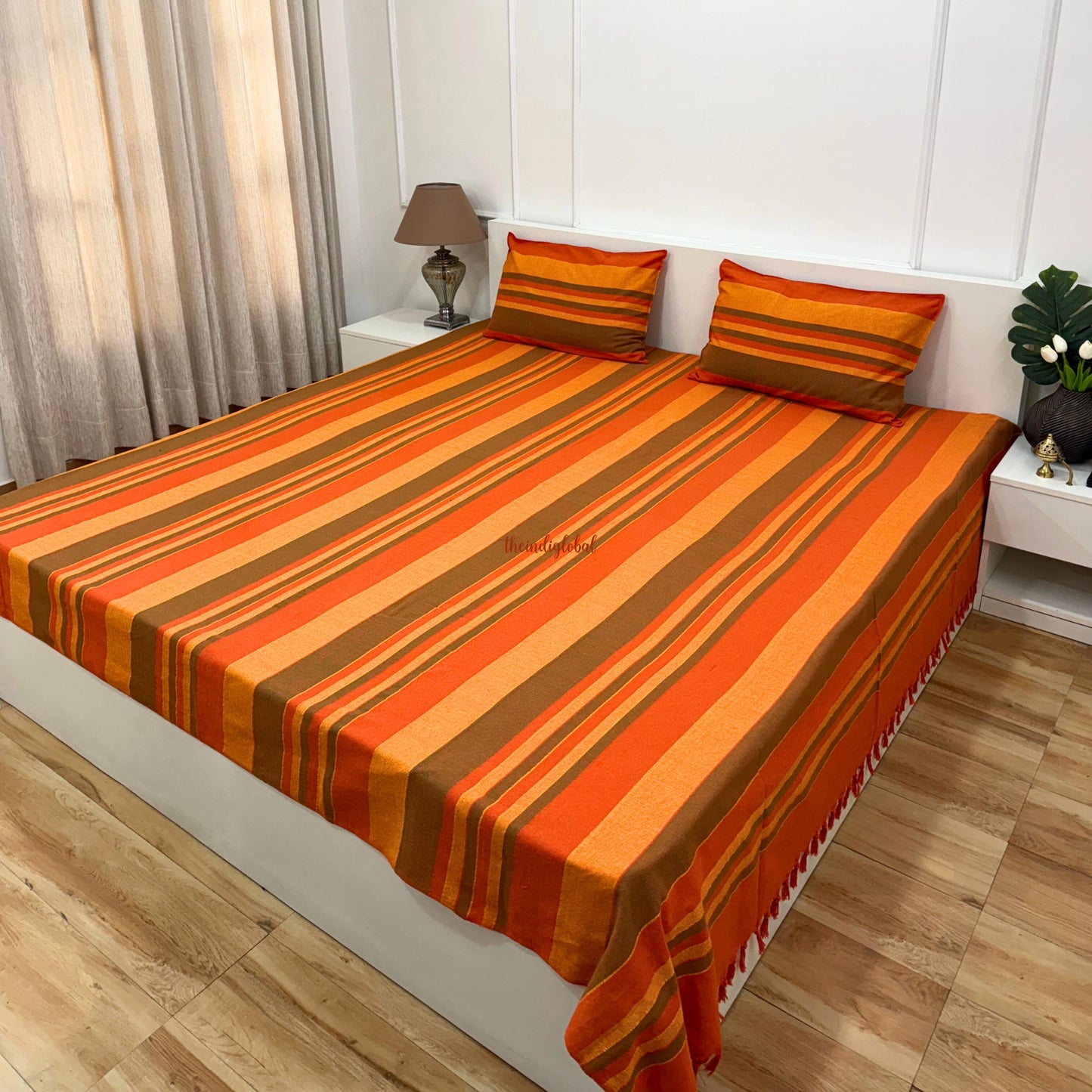 Handloom Cotton Bedsheet with Pillow Covers Orange