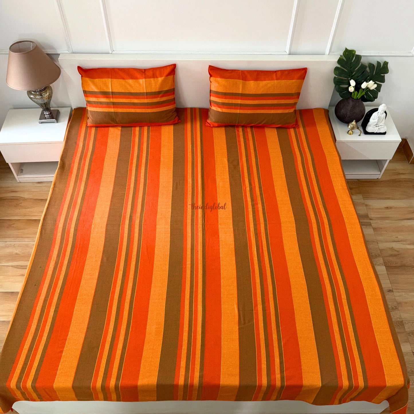 Handloom Cotton Bedsheet with Pillow Covers Orange