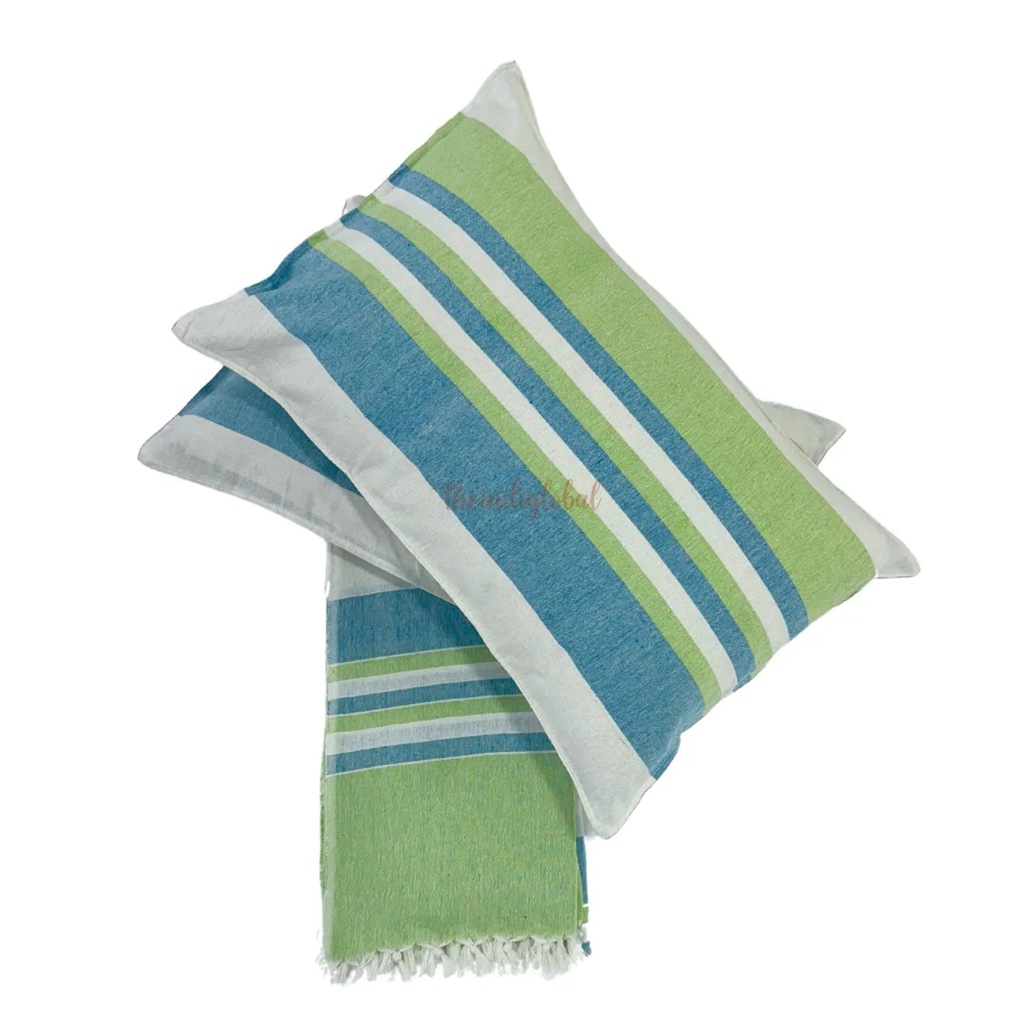 Handloom Cotton Bedsheet with Two Pillow Covers King Size Blue Green