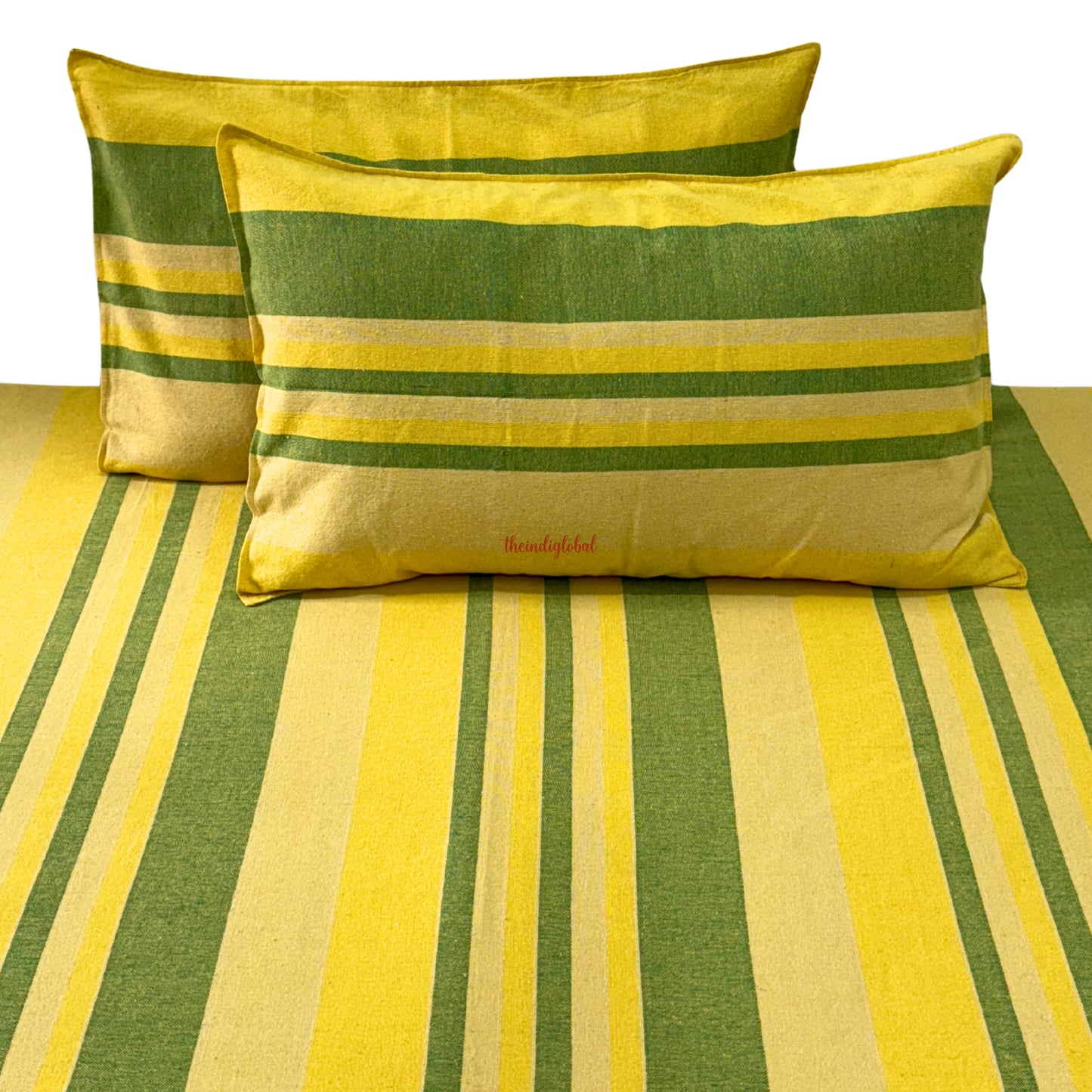 Handloom Cotton Bedsheet with Pillow Covers Yellow Green