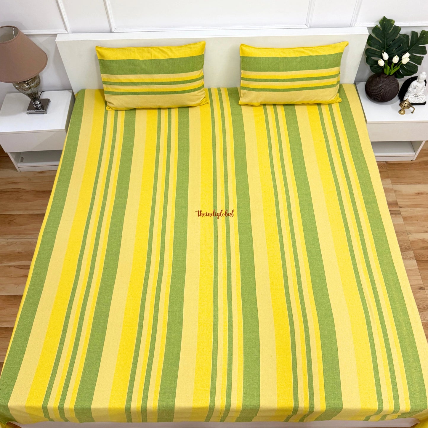 Handloom Cotton Bedsheet with Pillow Covers Yellow Green