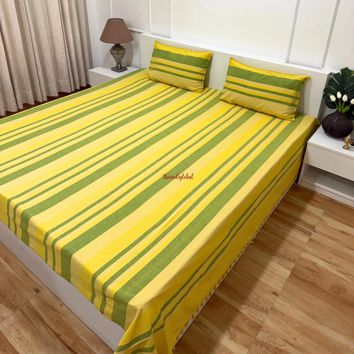 Handloom Cotton Bedsheet with Pillow Covers Yellow Green