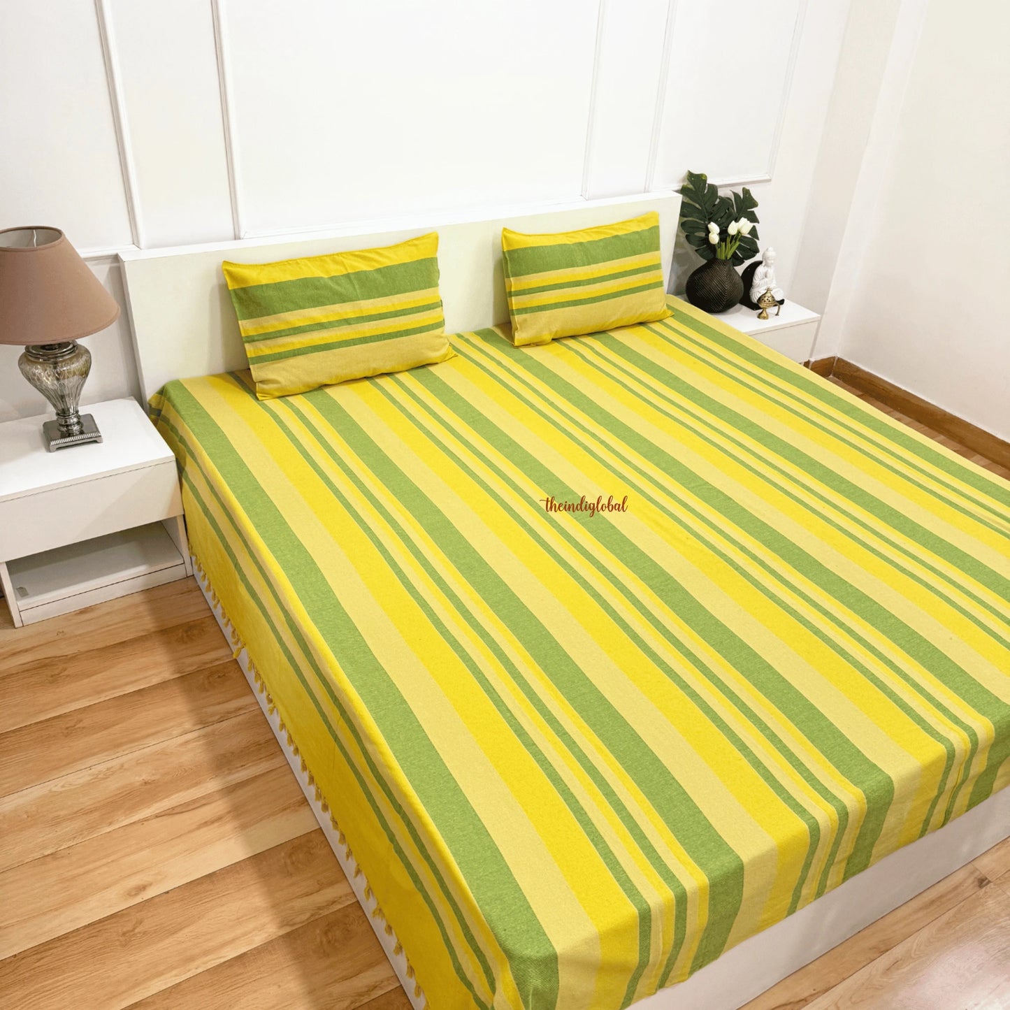 Handloom Cotton Bedcover with Pillow Covers Yellow Green