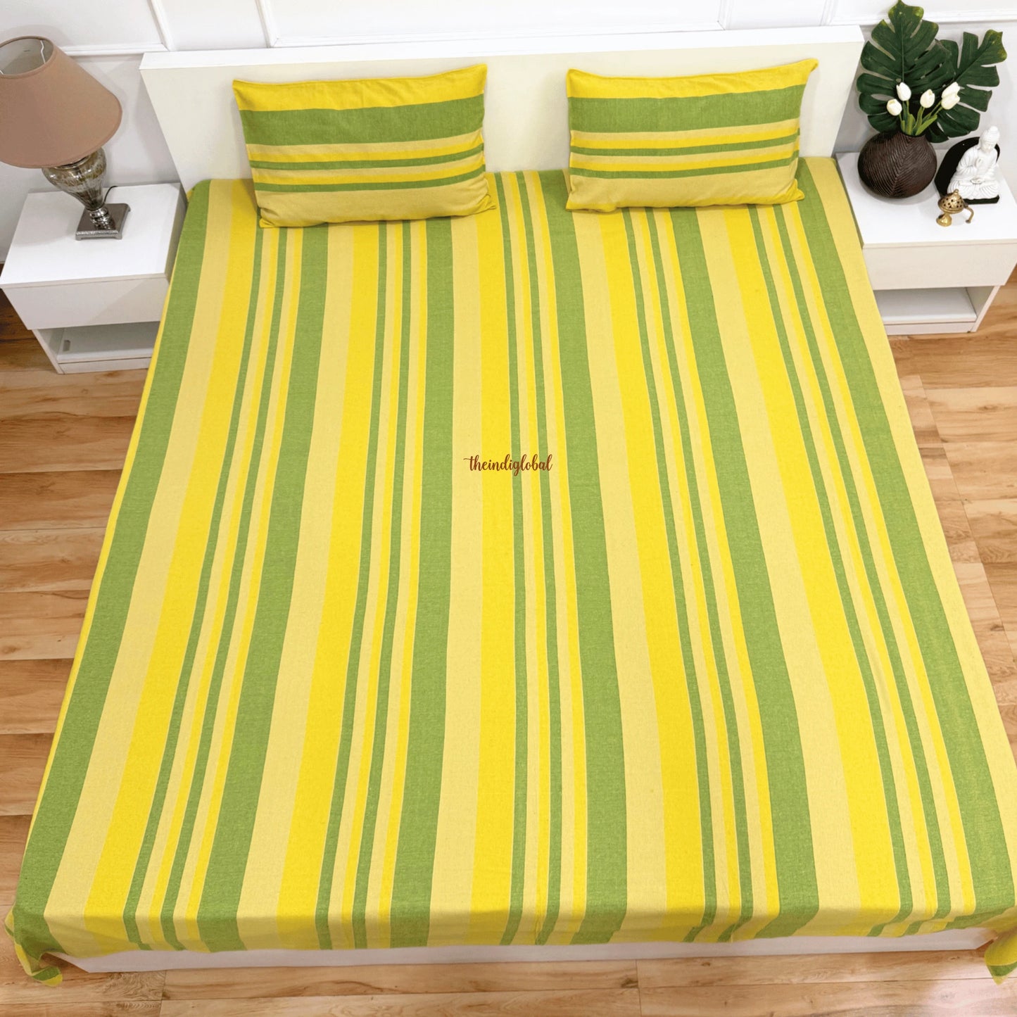 Handloom Cotton Bedcover with Pillow Covers Yellow Green