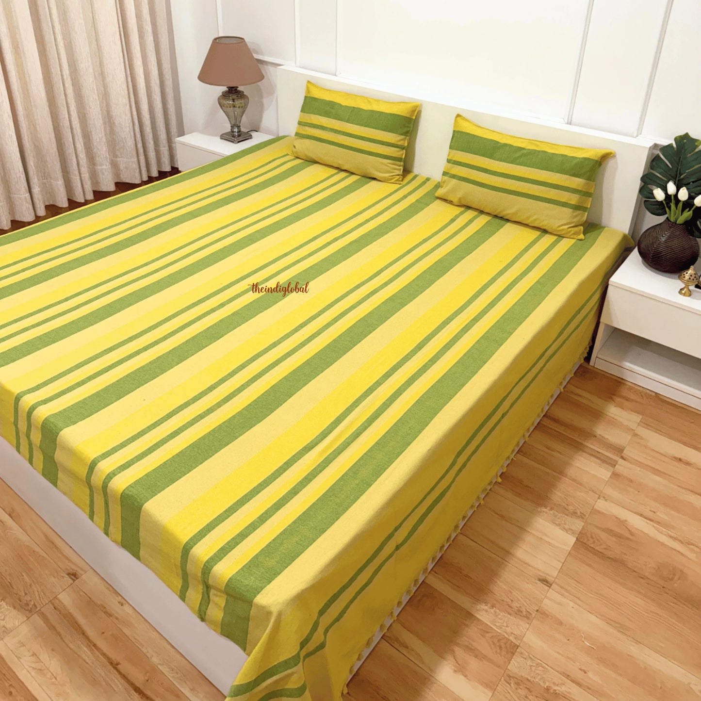 Handloom Cotton Bedcover with Pillow Covers Yellow Green