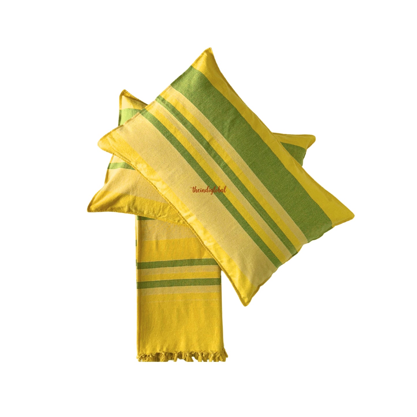 Handloom Cotton Bedcover with Pillow Covers Yellow Green