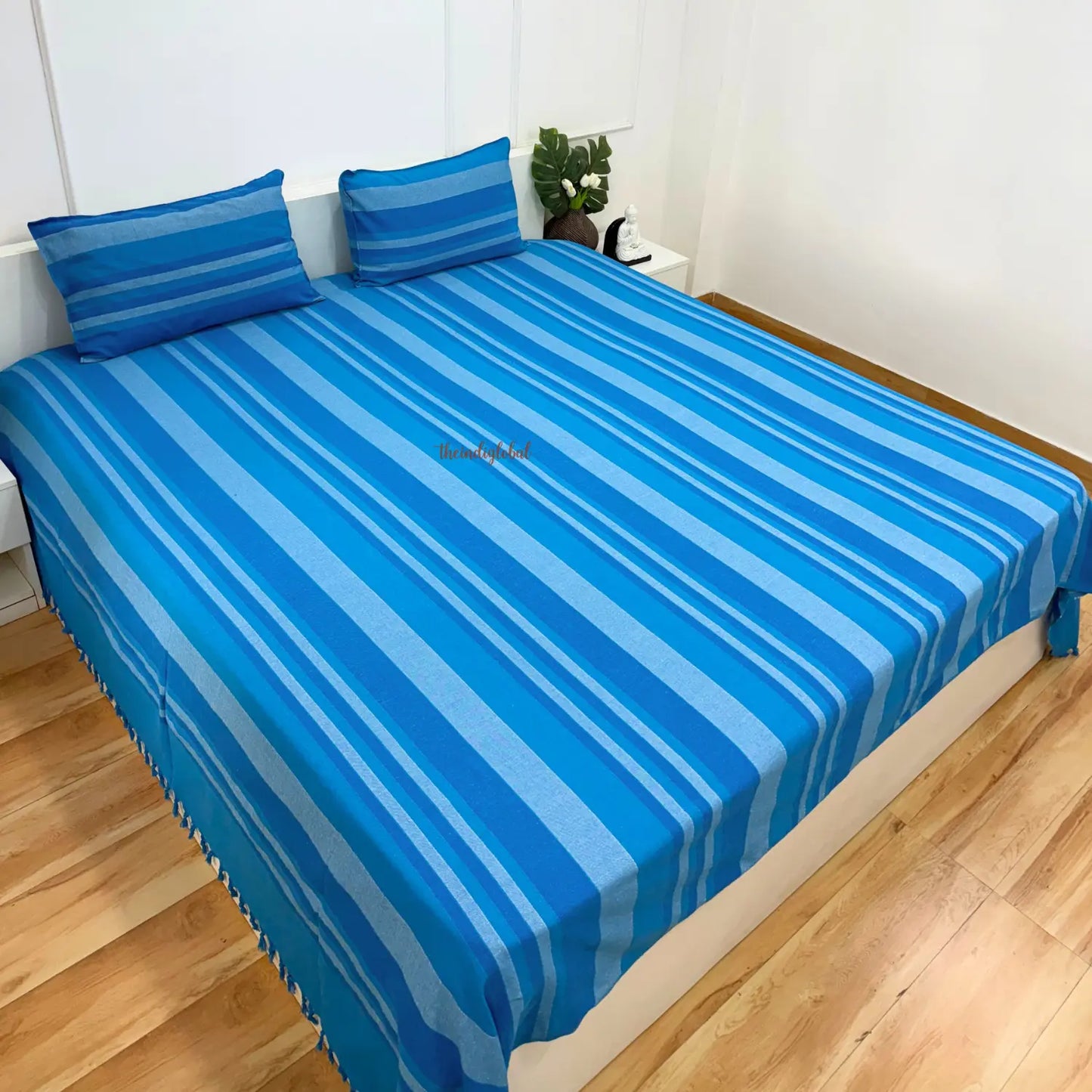 Handloom Cotton Bedcover with Pillow Covers Sky Blue