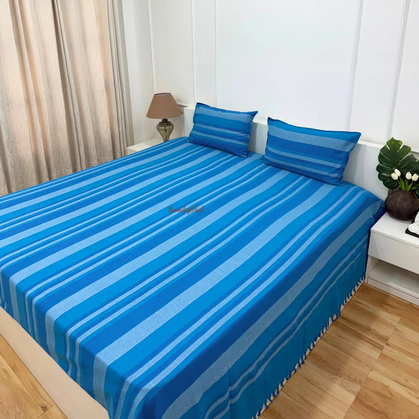 Handloom Cotton Bedcover with Pillow Covers Sky Blue