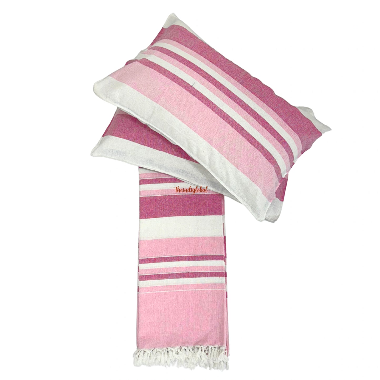 Handloom Cotton Bedsheet with Pillow Covers Pink White