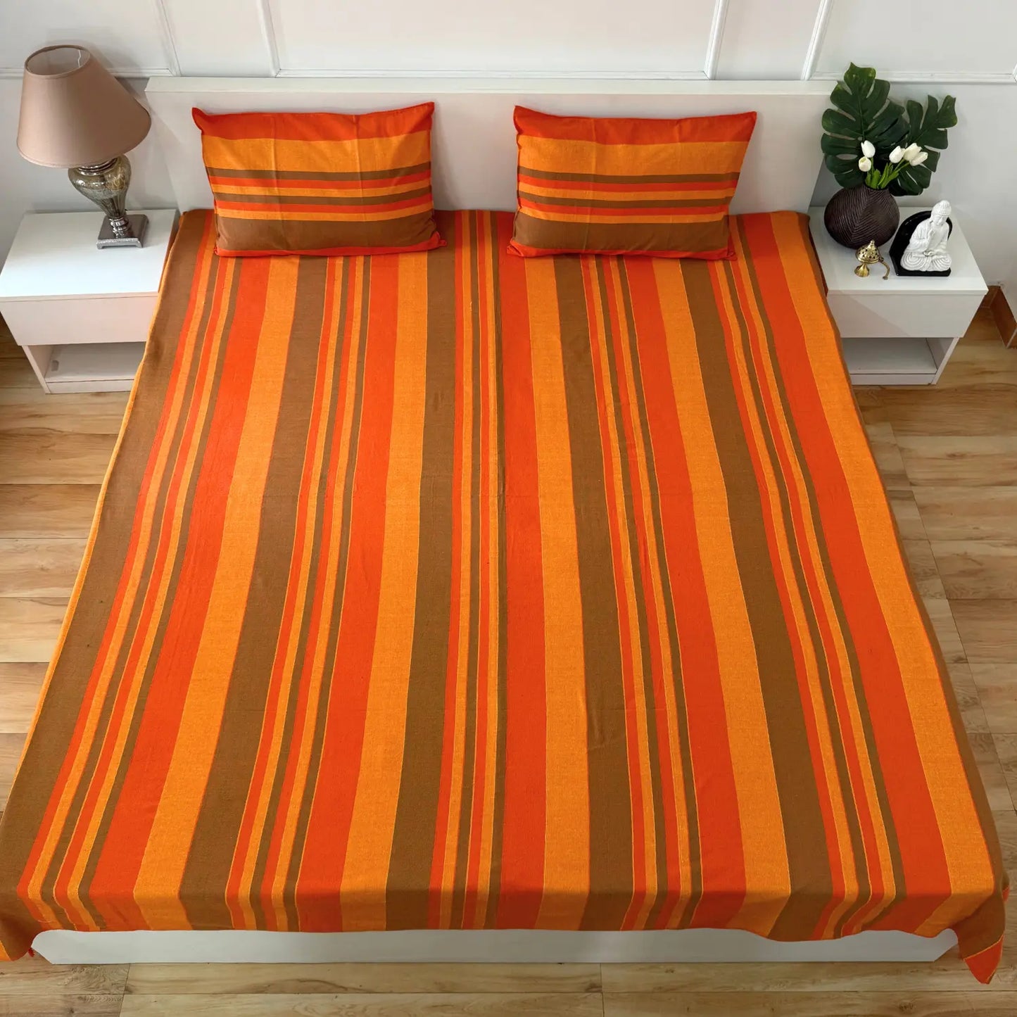 Handloom Cotton Bedsheet with Two Pillow Covers King Size Orange