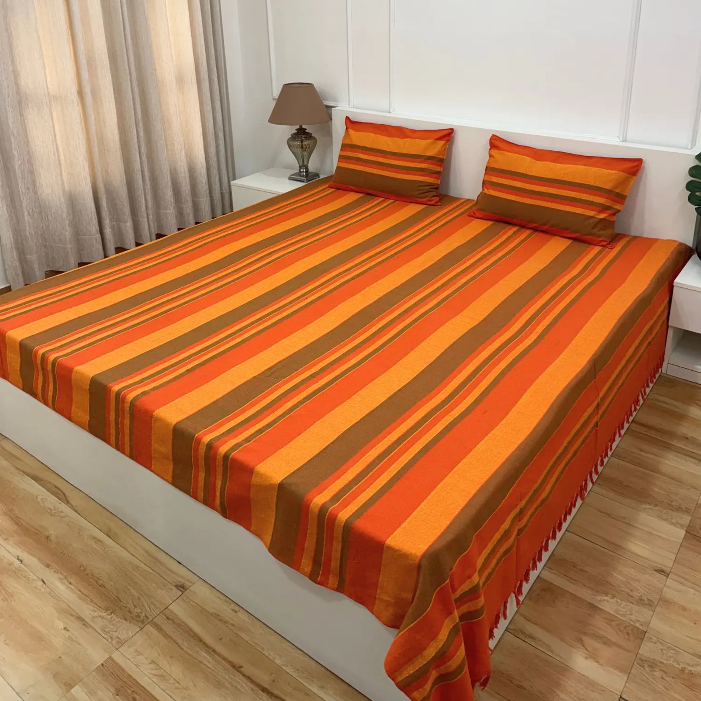 Handloom Cotton Bedsheet with Two Pillow Covers King Size Orange