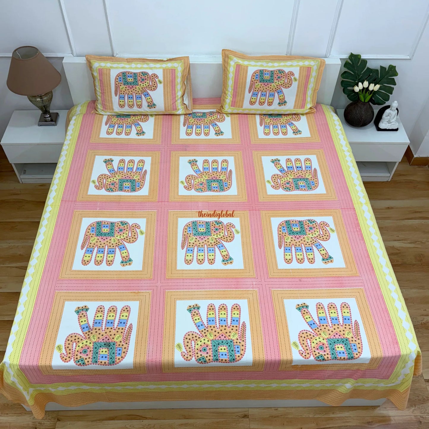 Homi Cotton Bedsheet for King Size Two Reversible Pillow Covers Orange Lemon