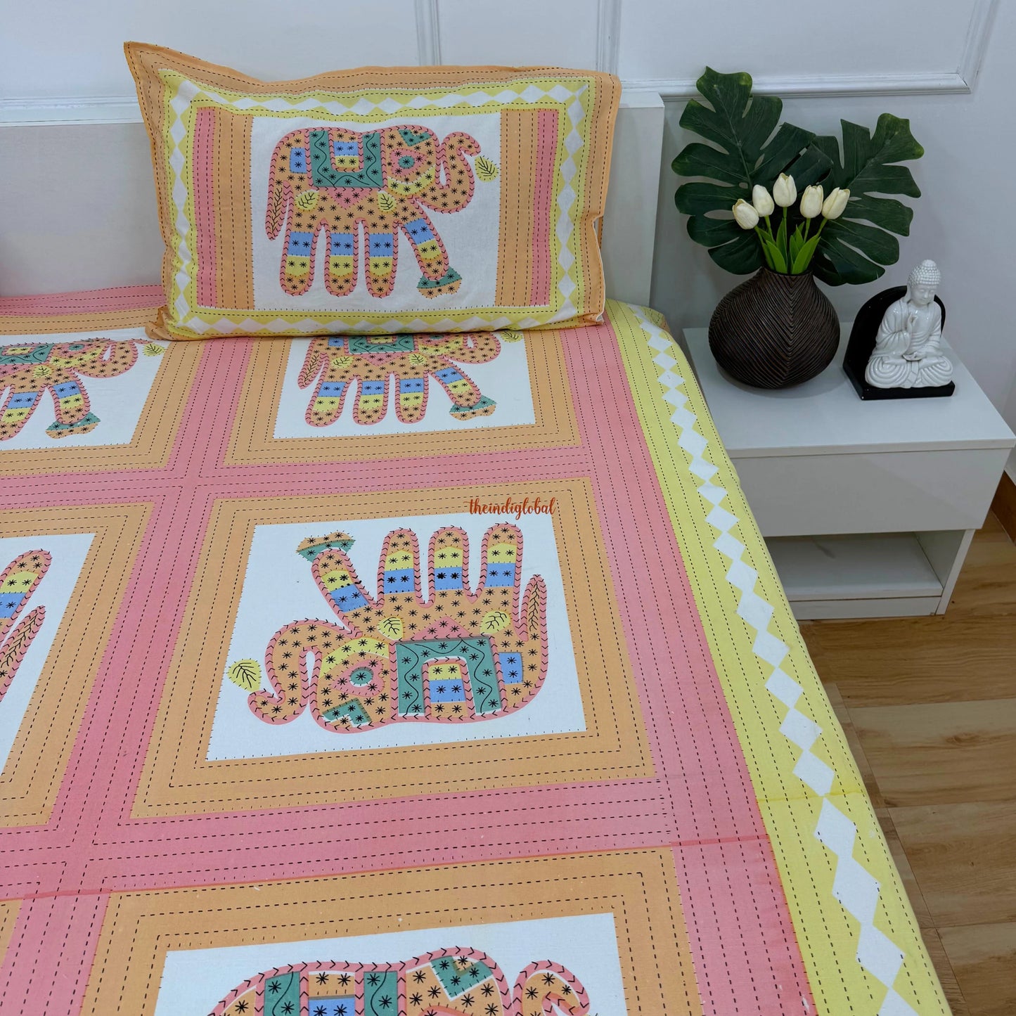Homi Cotton Bedsheet for King Size Two Reversible Pillow Covers Orange Lemon