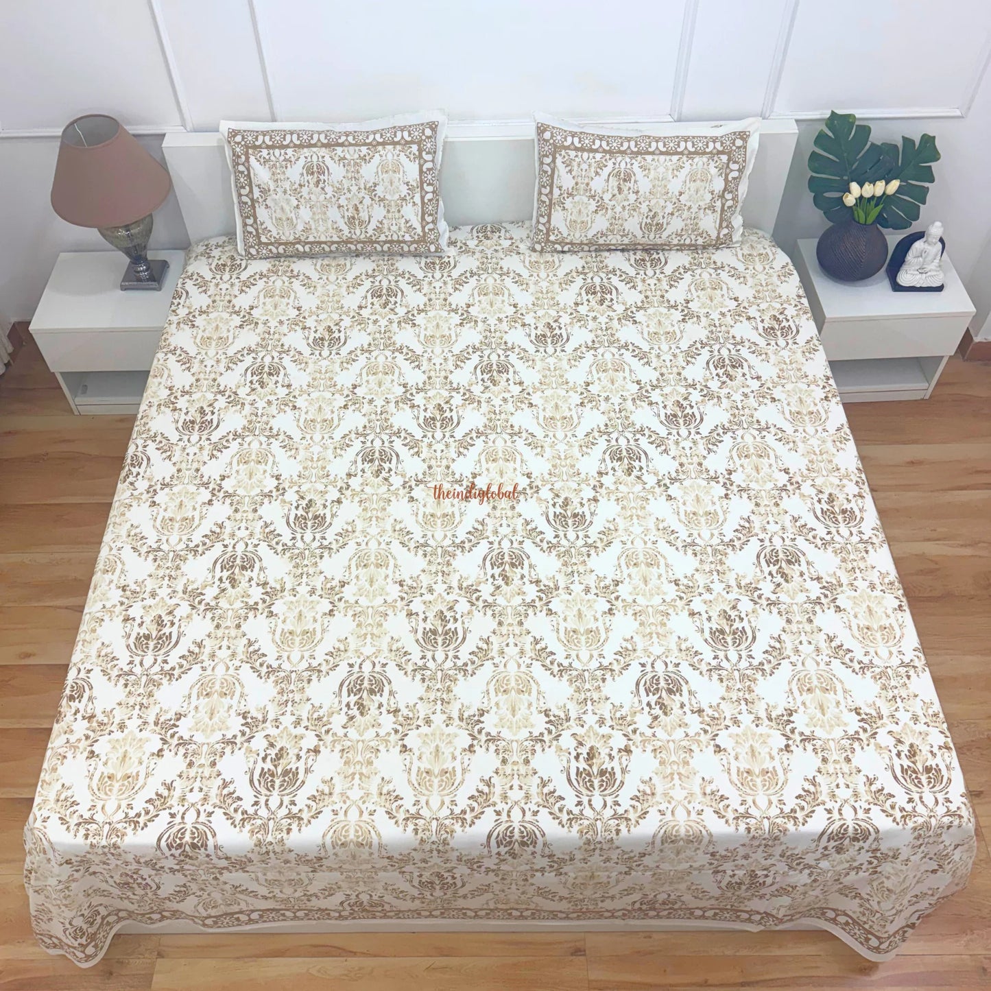 Homi Hand Block Soft Cotton Bedsheet with 2 Pillow Covers Brown