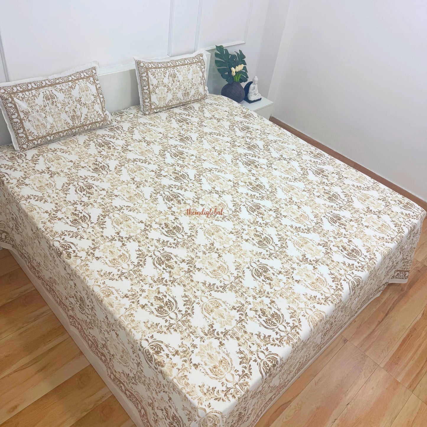Homi Hand Block Soft Cotton Bedsheet with 2 Pillow Covers Brown
