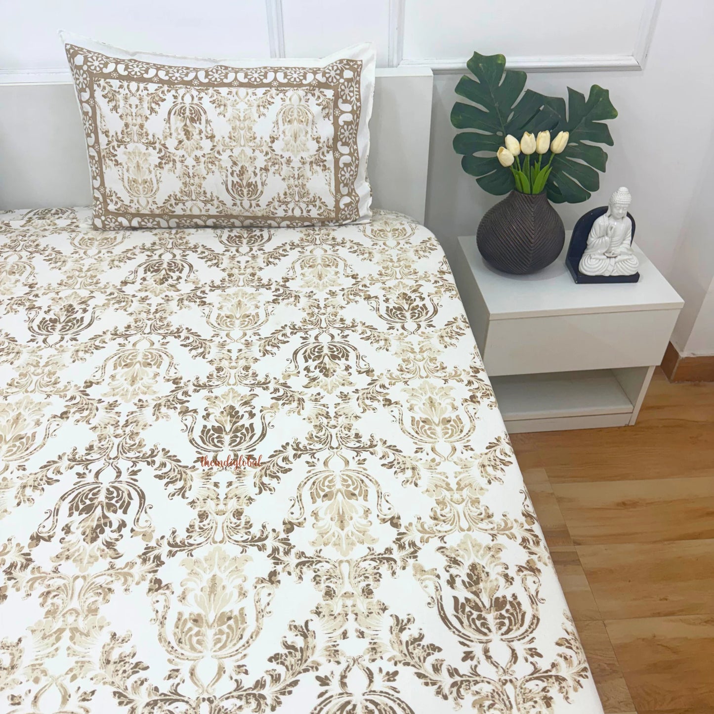 Homi Hand Block Soft Cotton Bedsheet with 2 Pillow Covers Brown