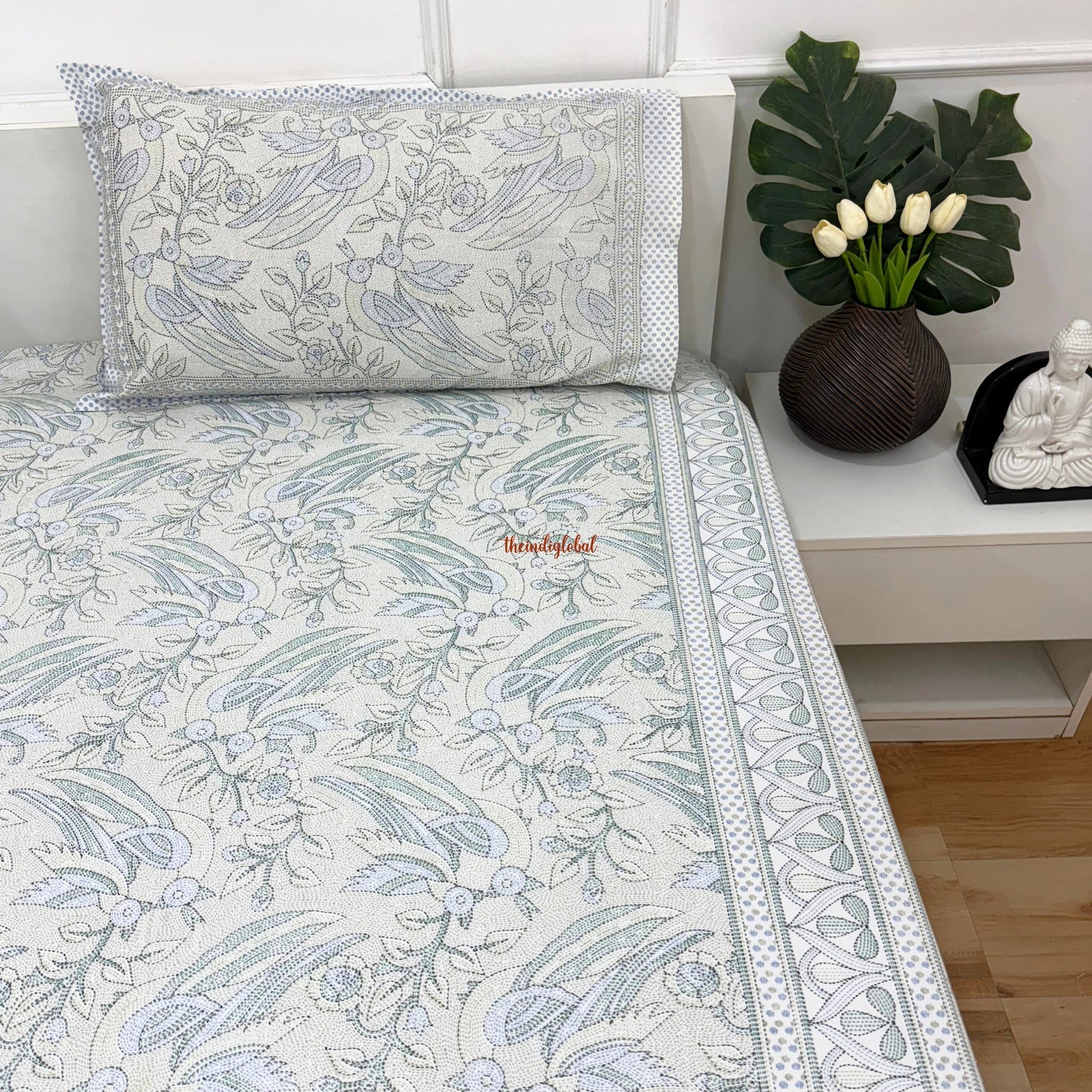 Homi Cotton Bedsheet with Pillow Covers Kantha Print Pastel Blue