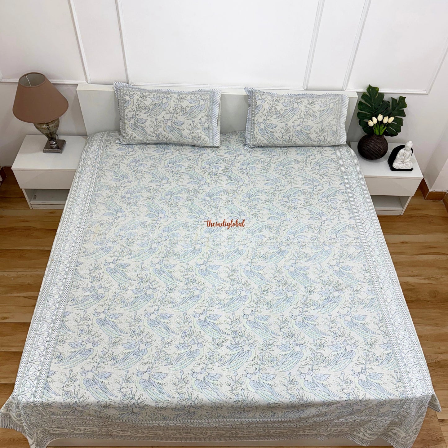 Homi Cotton Bedsheet with Pillow Covers Kantha Print Pastel Blue
