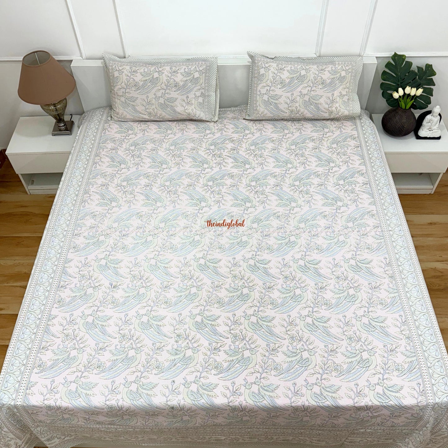 Homi Cotton Bedsheet with Pillow Covers Kantha Print Pastel Pink