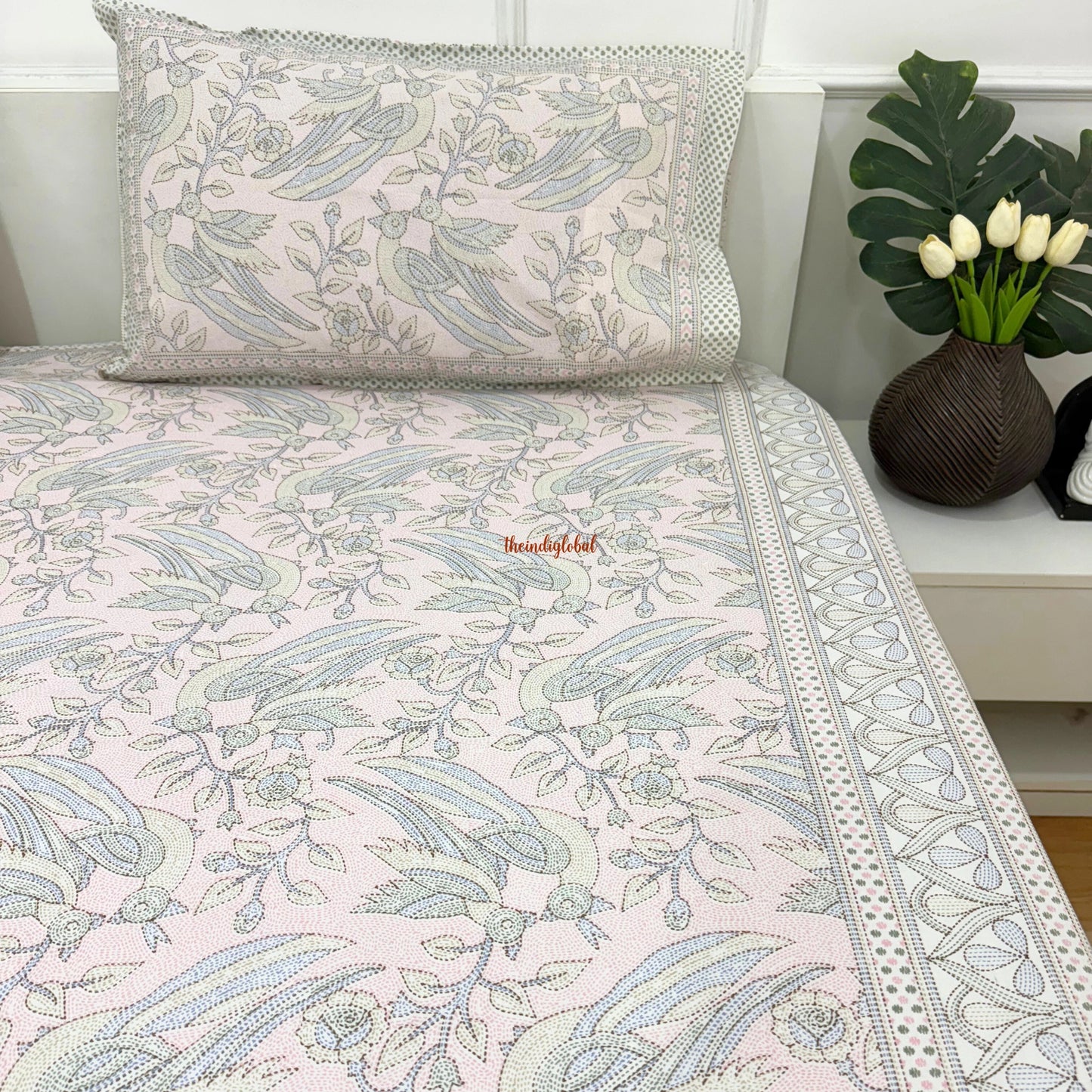 Homi Cotton Bedsheet with Pillow Covers Kantha Print Pastel Pink