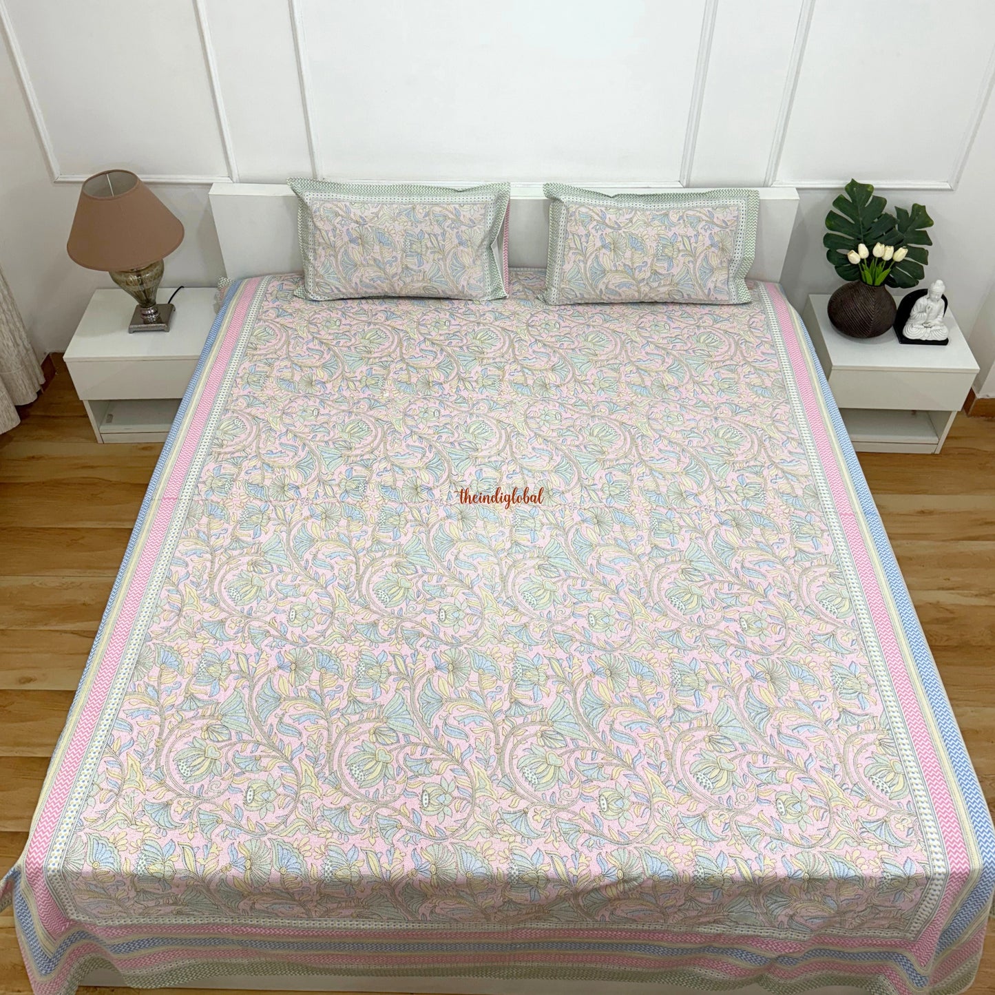Homi Cotton Bedsheet with Pillow Covers Kantha Print Pastel Pink