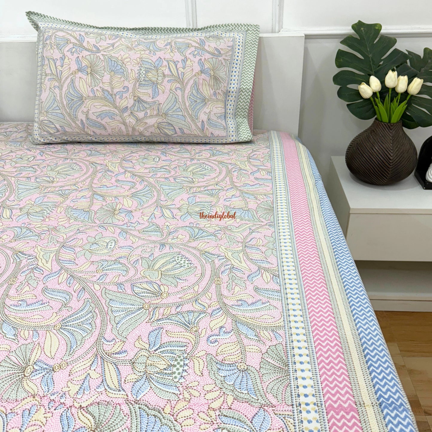 Homi Cotton Bedsheet with Pillow Covers Kantha Print Pastel Pink