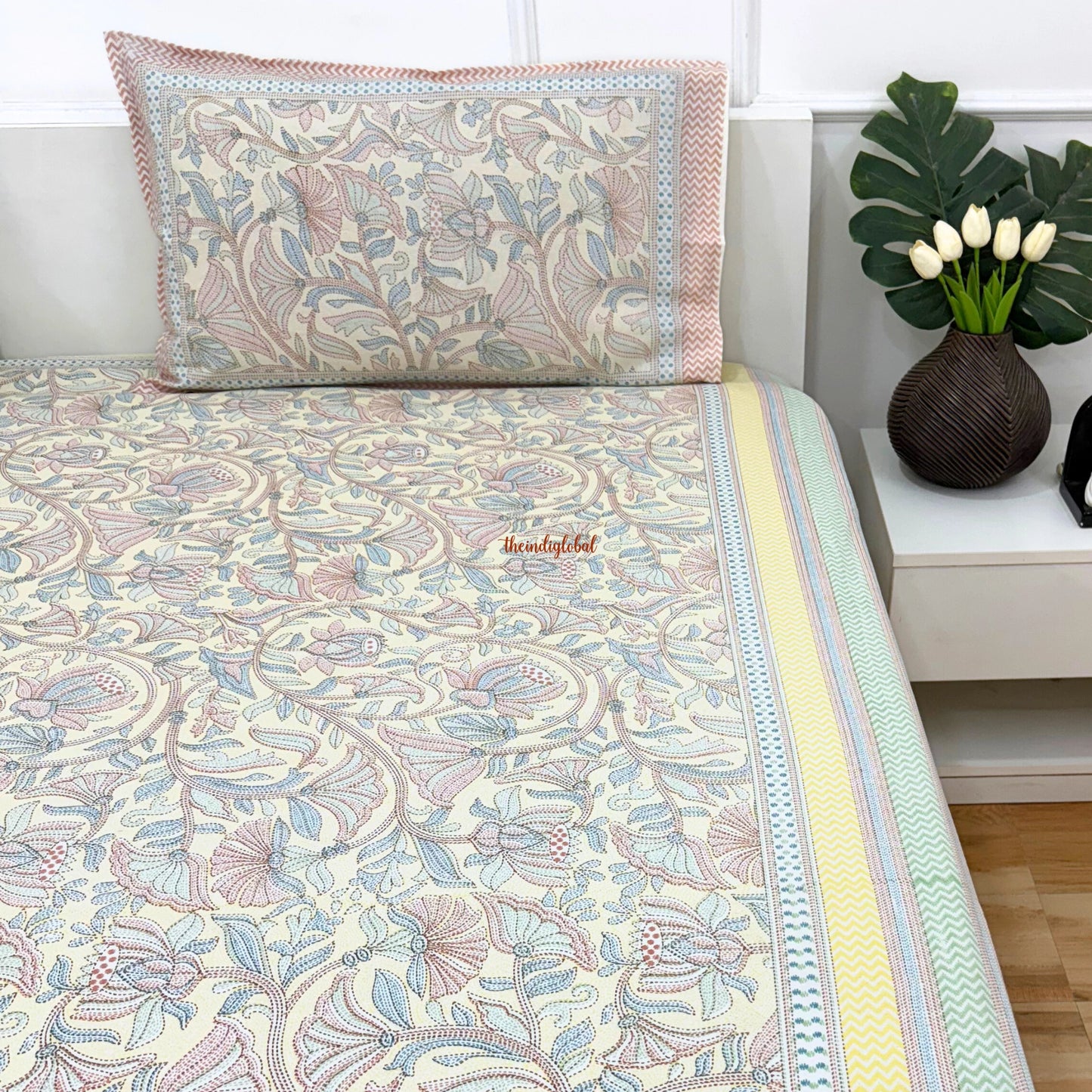Homi Cotton Bedsheet with Pillow Covers Kantha Print Pastel Yellow