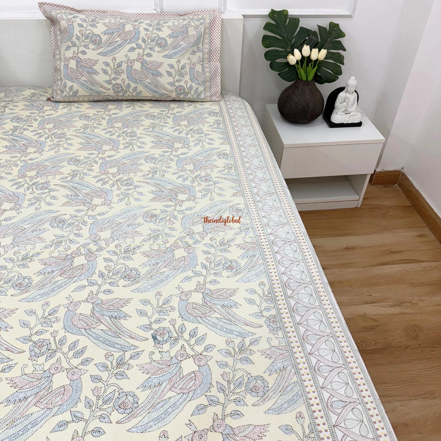 Homi Cotton Bedsheet with Pillow Covers Kantha Print Pastel Yellow