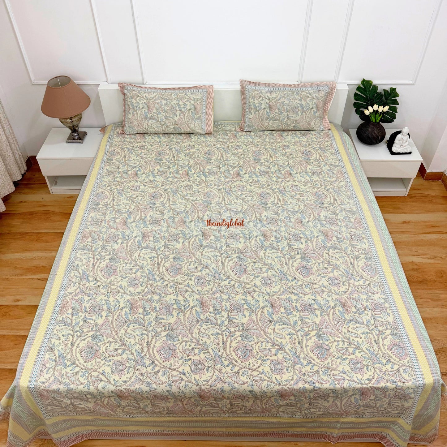 Homi Cotton Bedsheet with Pillow Covers Kantha Print Pastel Yellow
