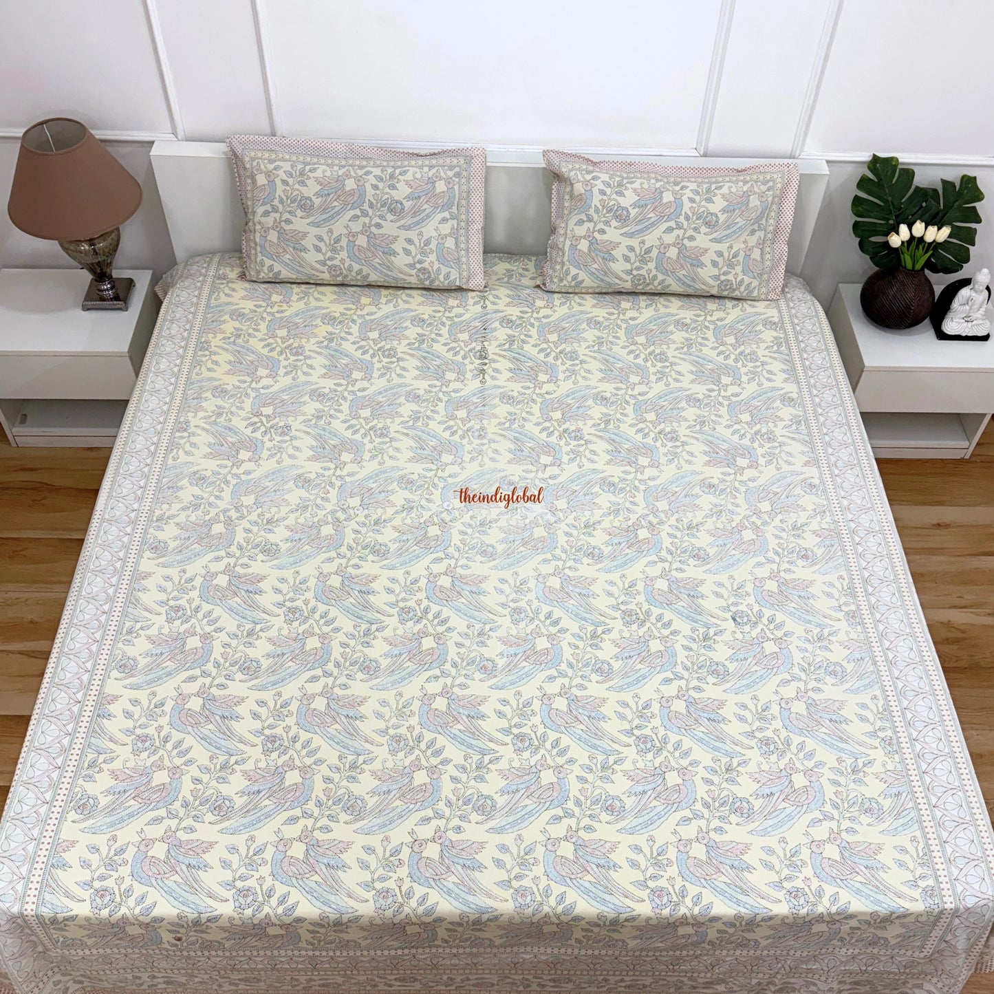 Homi Cotton Bedsheet with Pillow Covers Kantha Print Pastel Yellow