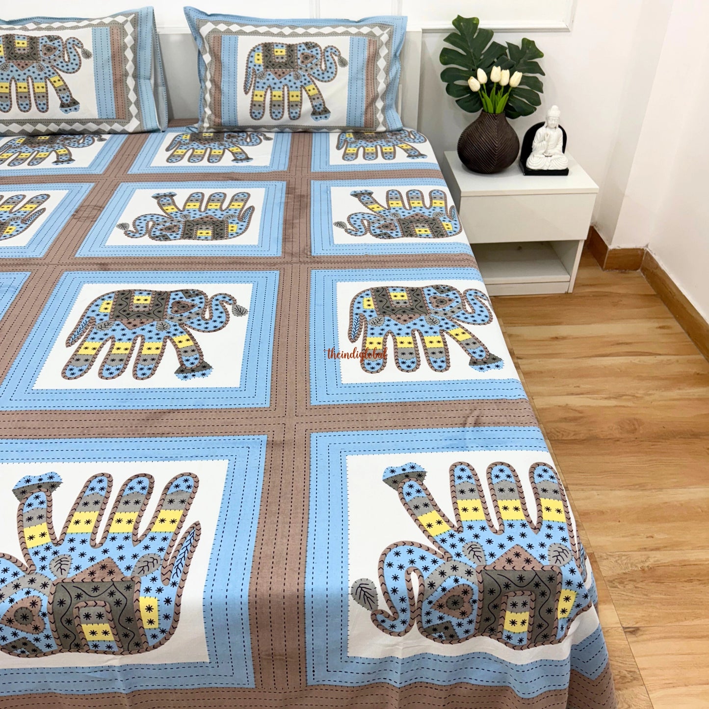 Homi Cotton Bedsheet with Pillow Covers Patch Work Print Blue