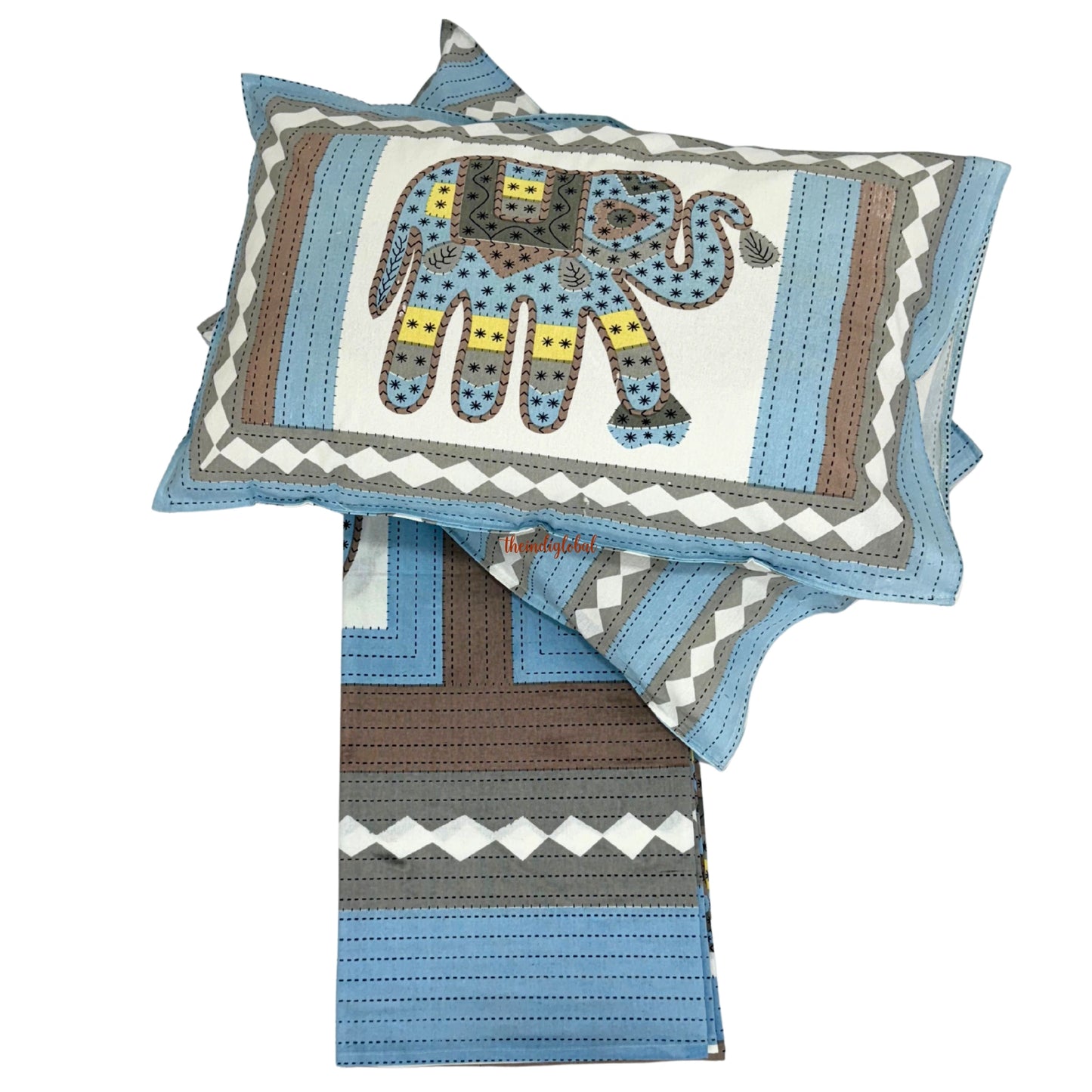 Homi Cotton Bedsheet with Pillow Covers Patch Work Print Blue