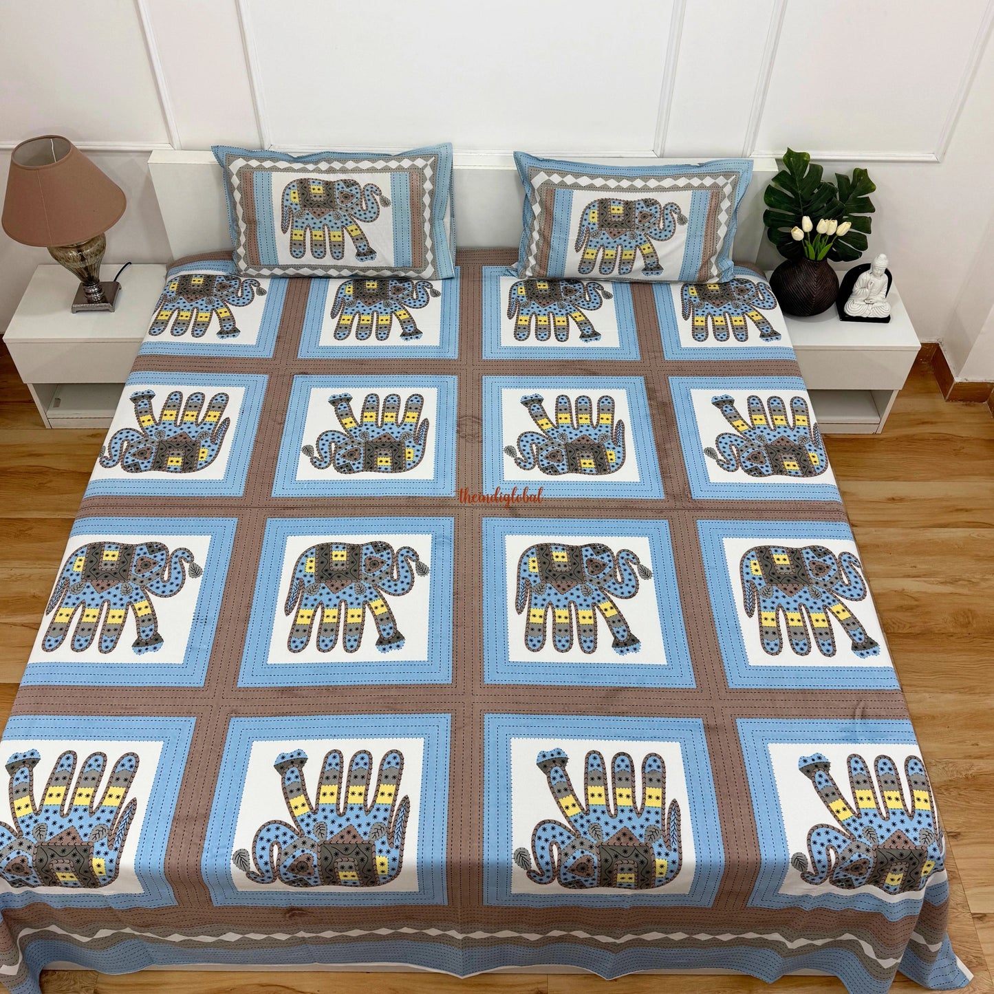 Homi Cotton Bedsheet with Pillow Covers Patch Work Print Blue