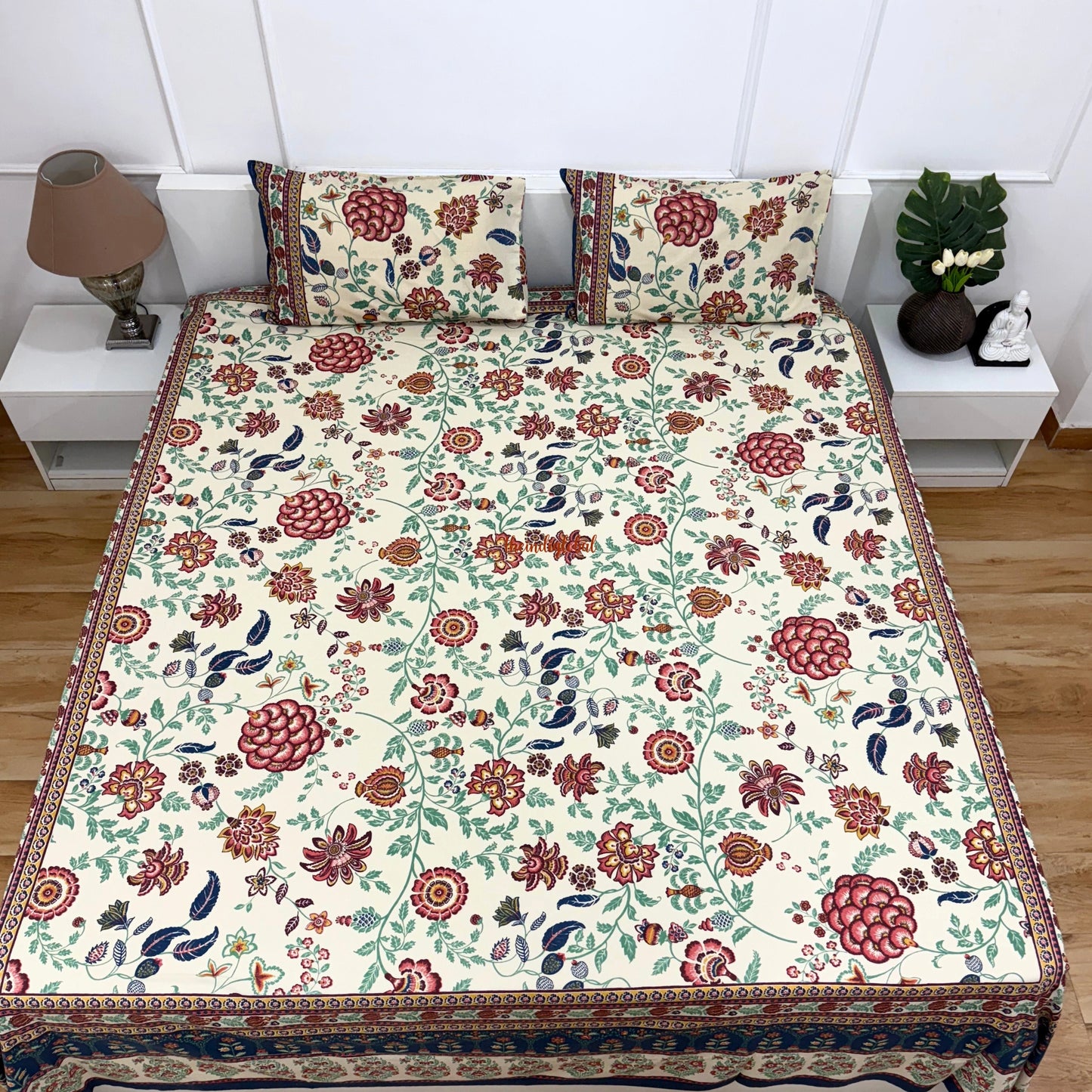 Homi Cotton Bedsheet with Pillow Covers Blue Brown
