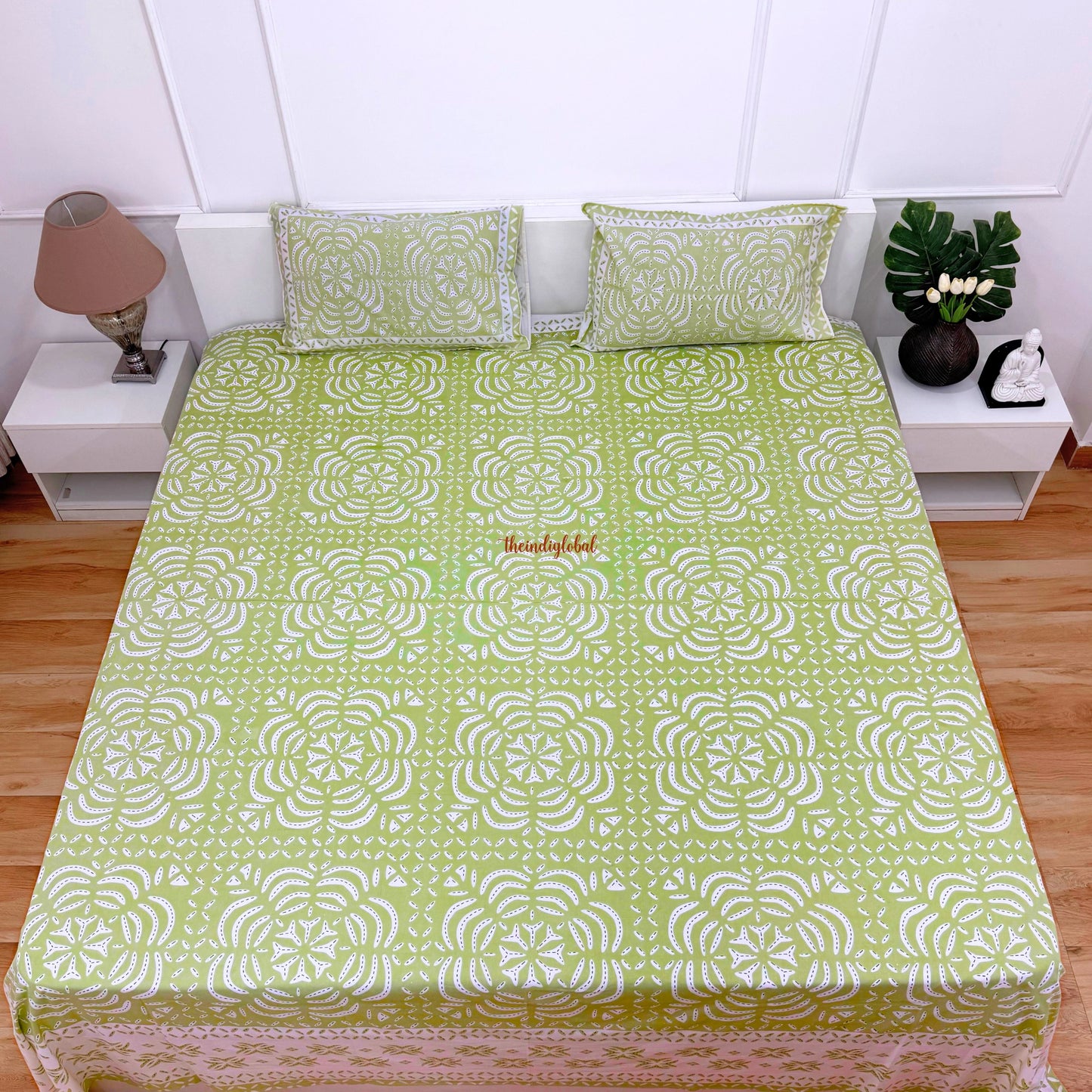 Homi Cotton Bedsheet with Pillow Covers Batik Print Pastel Green