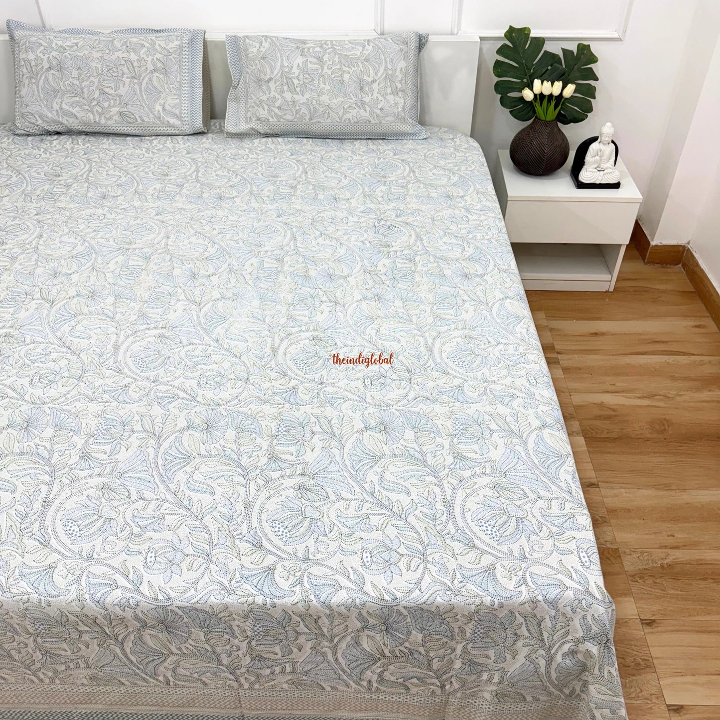 Homi Cotton Bedsheet with Pillow Covers Kantha Print Pastel Blue