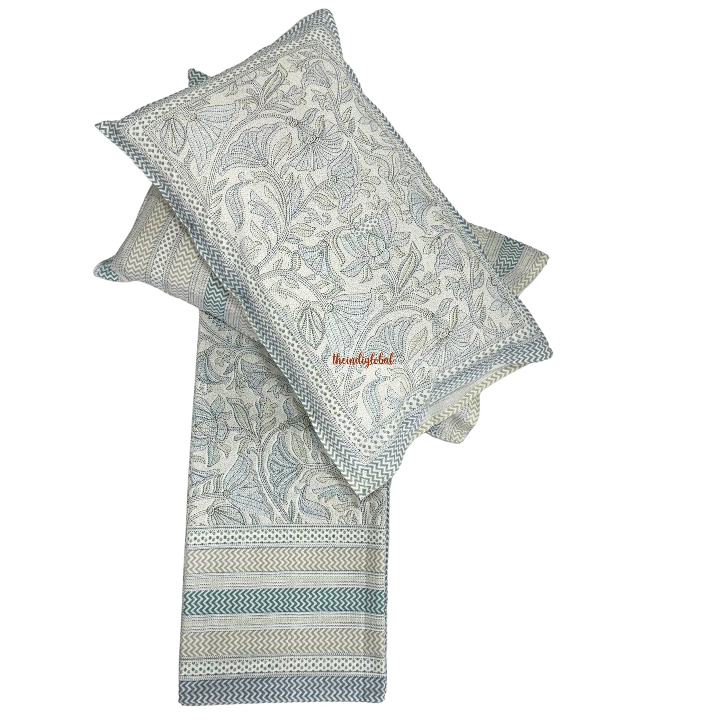 Homi Cotton Bedsheet with Pillow Covers Kantha Print Pastel Blue