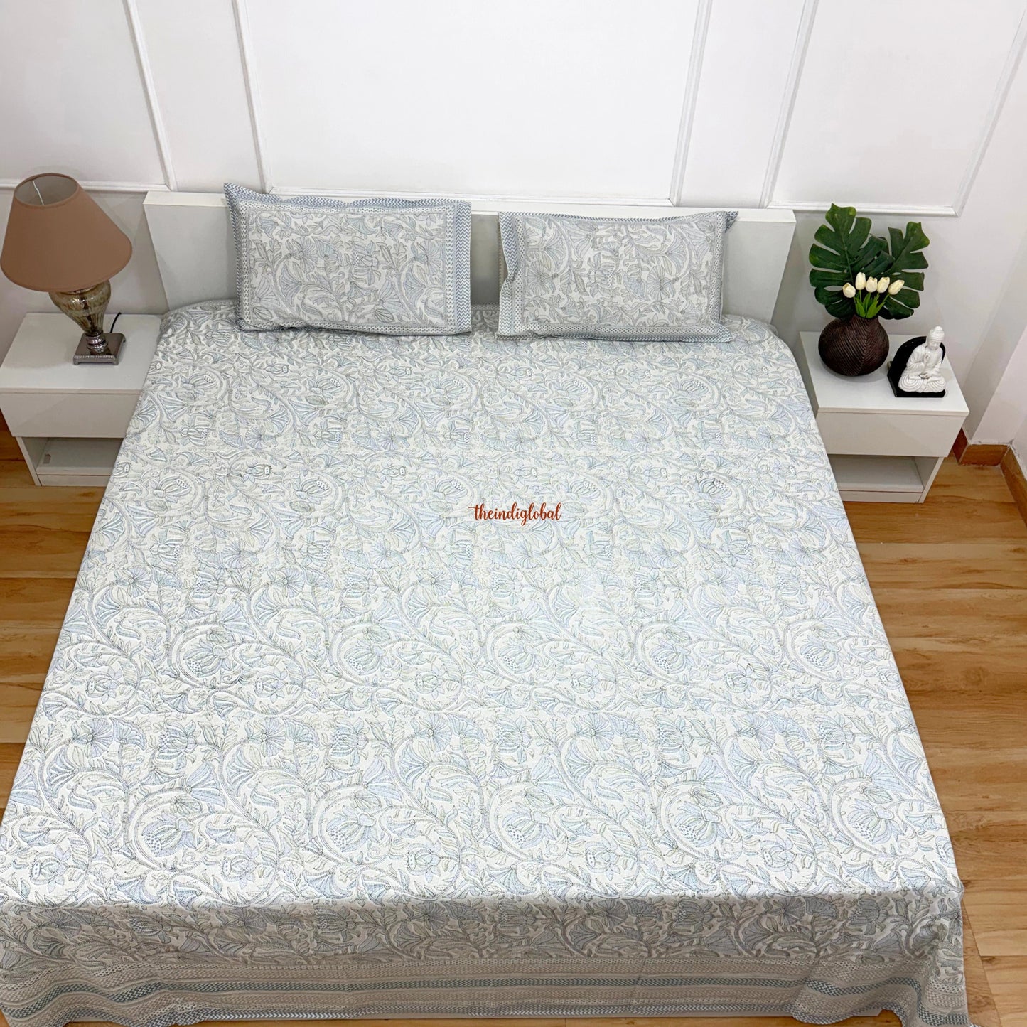 Homi Cotton Bedsheet with Pillow Covers Kantha Print Pastel Blue