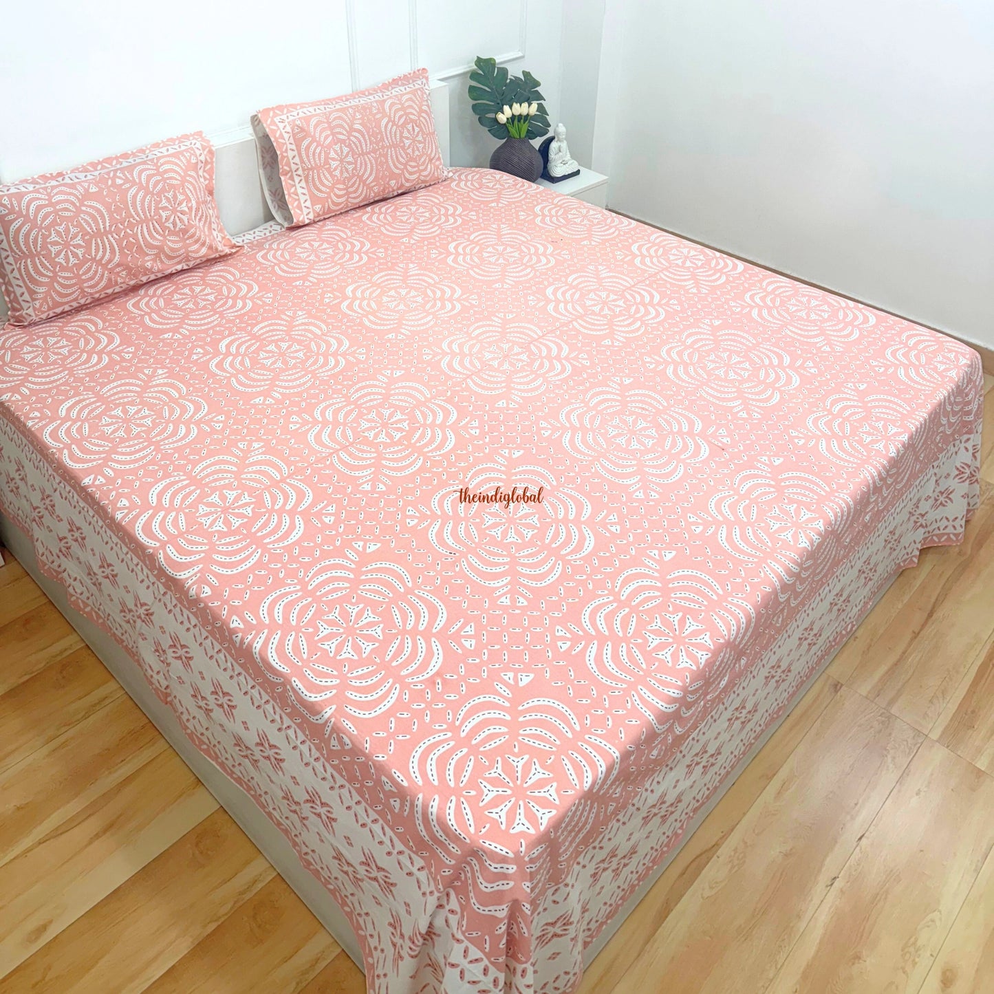 Homi Cotton Bedsheet with Pillow Covers Batik Print Peach