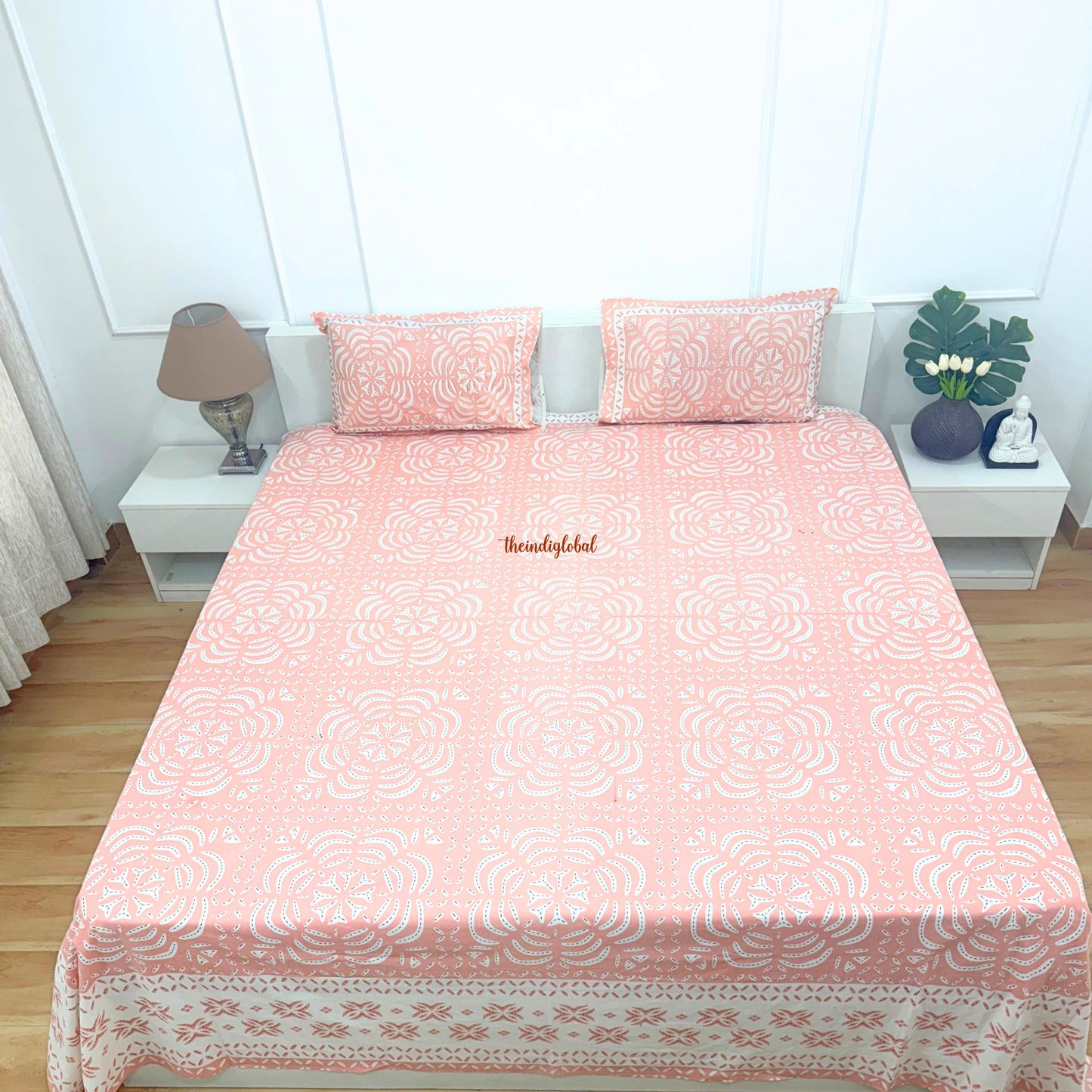 Homi Cotton Bedsheet with Pillow Covers Batik Print Peach