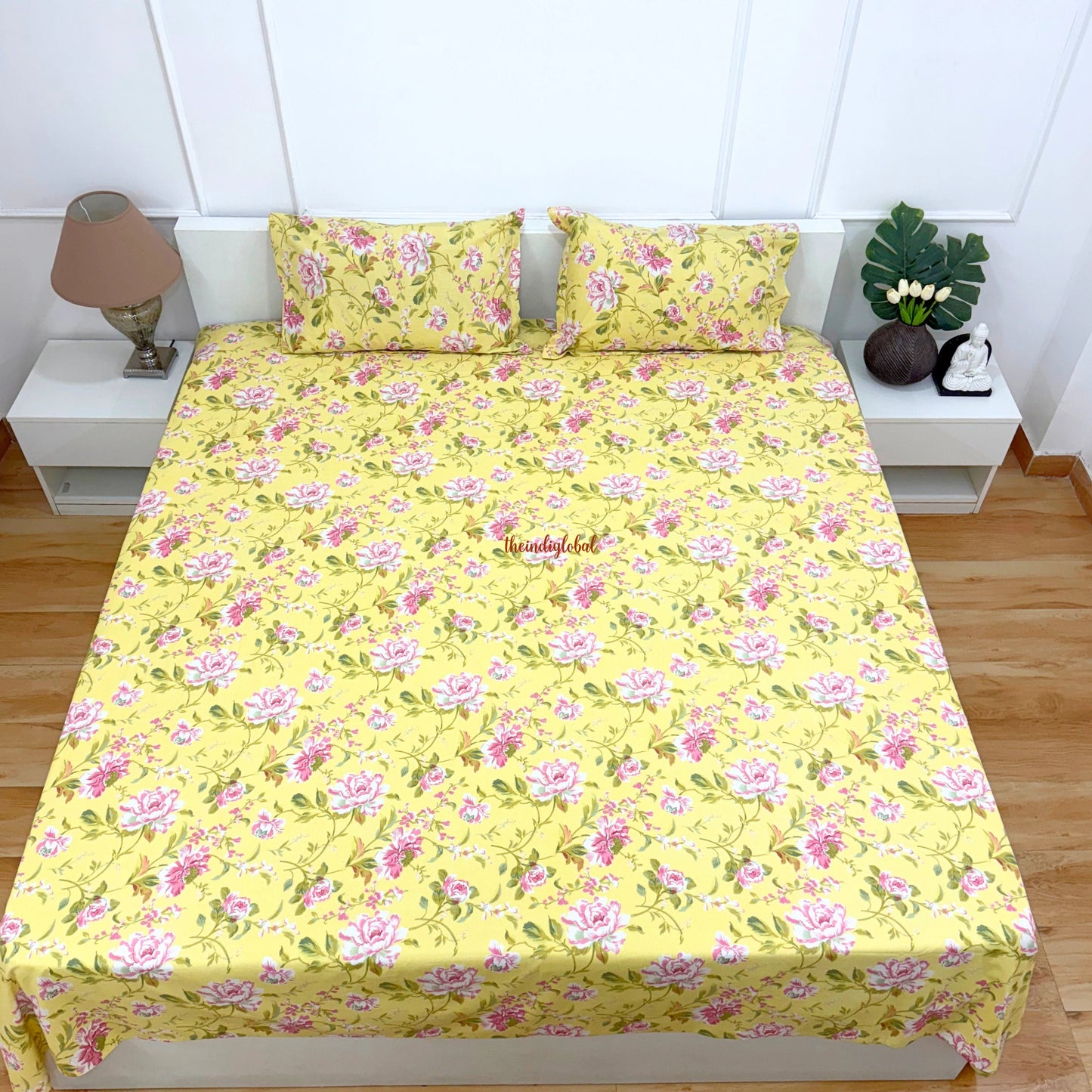 Homi Cotton Bedsheet with Pillow Covers Yellow