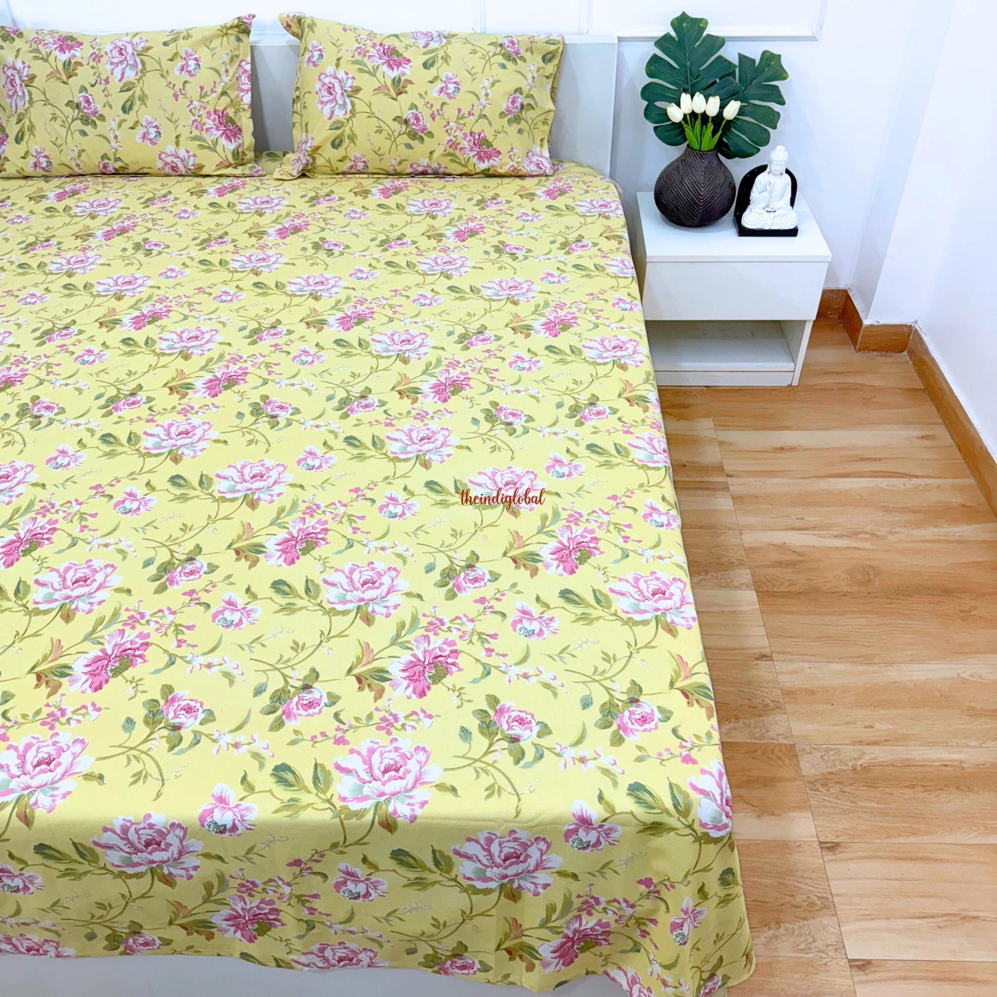 Homi Cotton Bedsheet with Pillow Covers Yellow