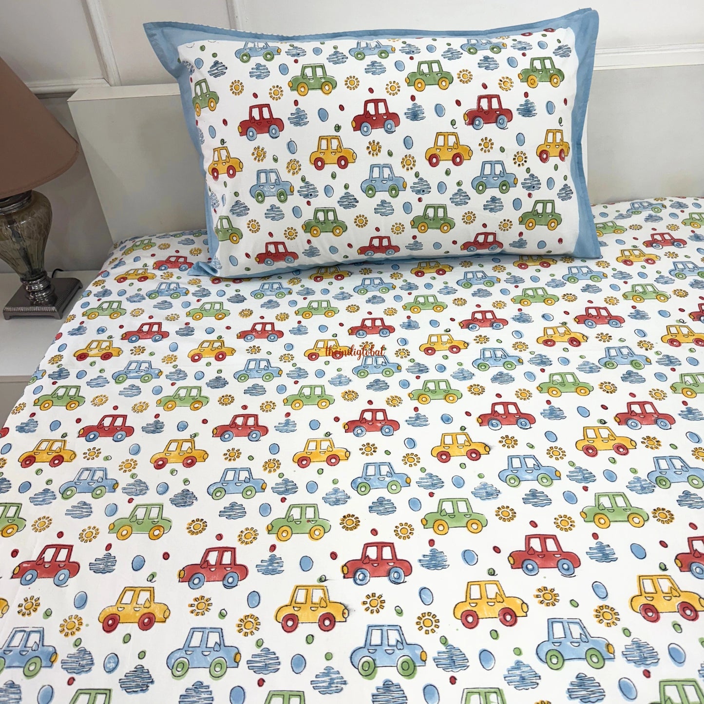 Handblock Cotton Kids Bedsheet Single Cars
