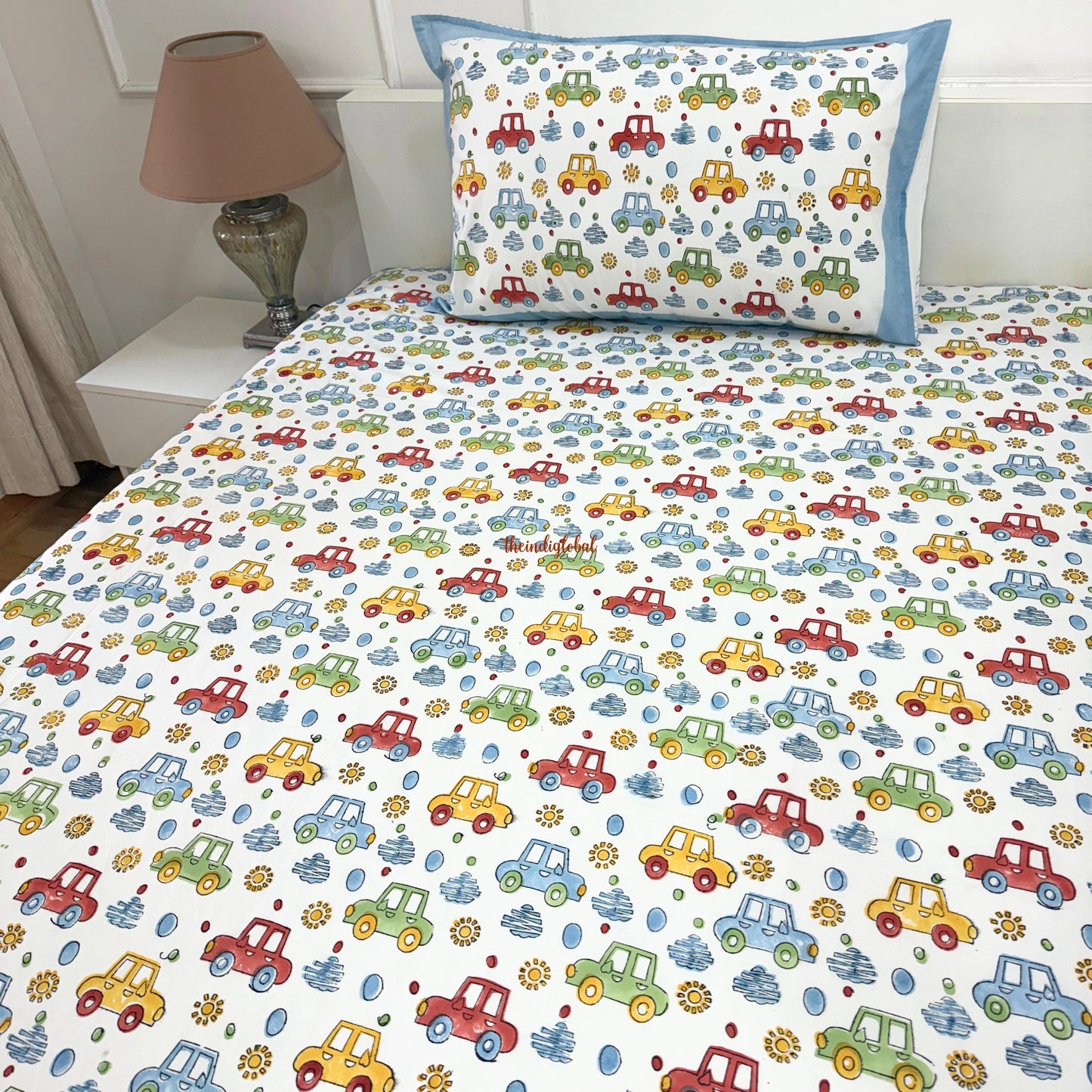 Handblock Cotton Kids Bedsheet Single Cars
